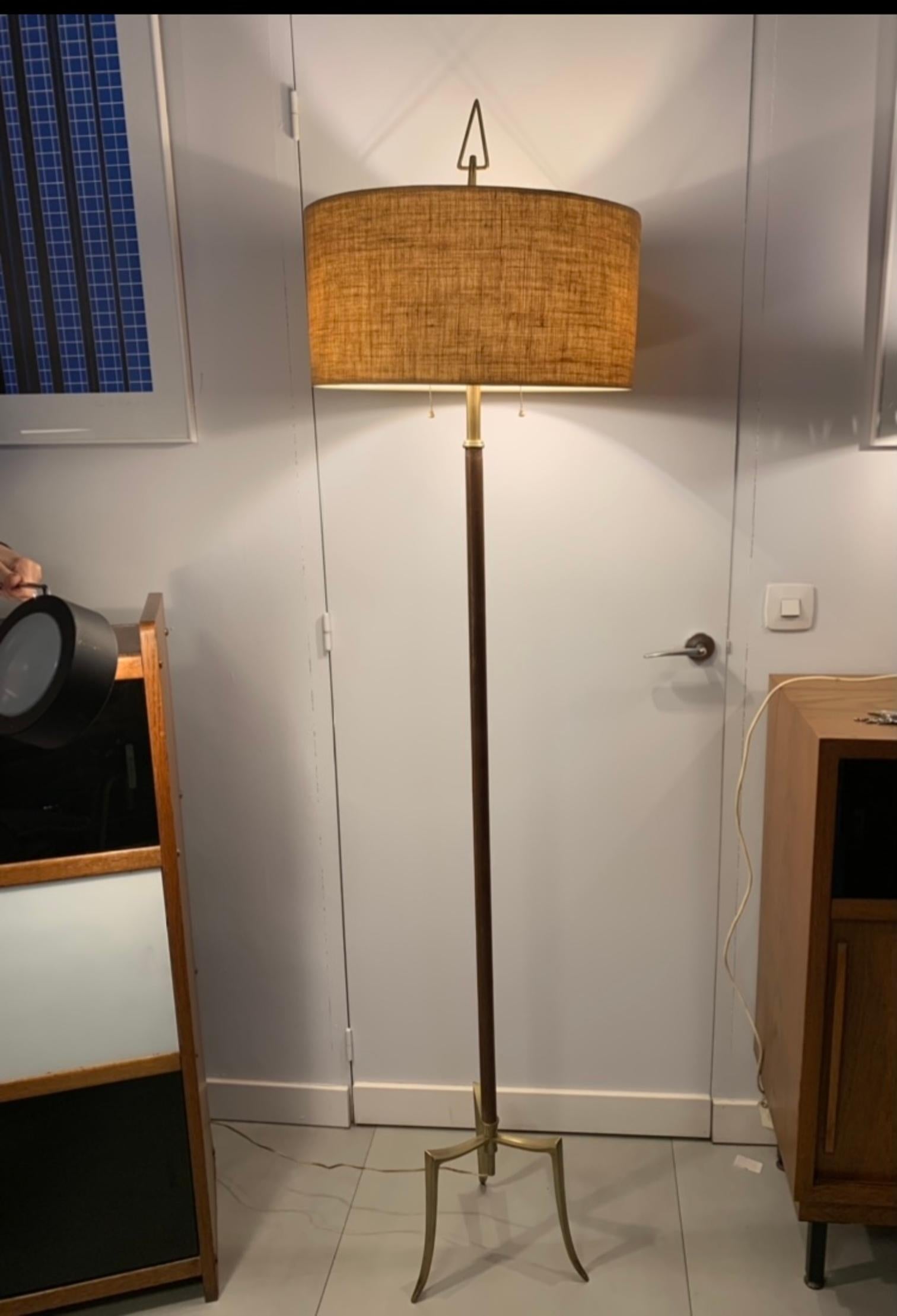 Midcentury French 1950 Brass, Bronze and Leather Tripod Floor Lamp 8