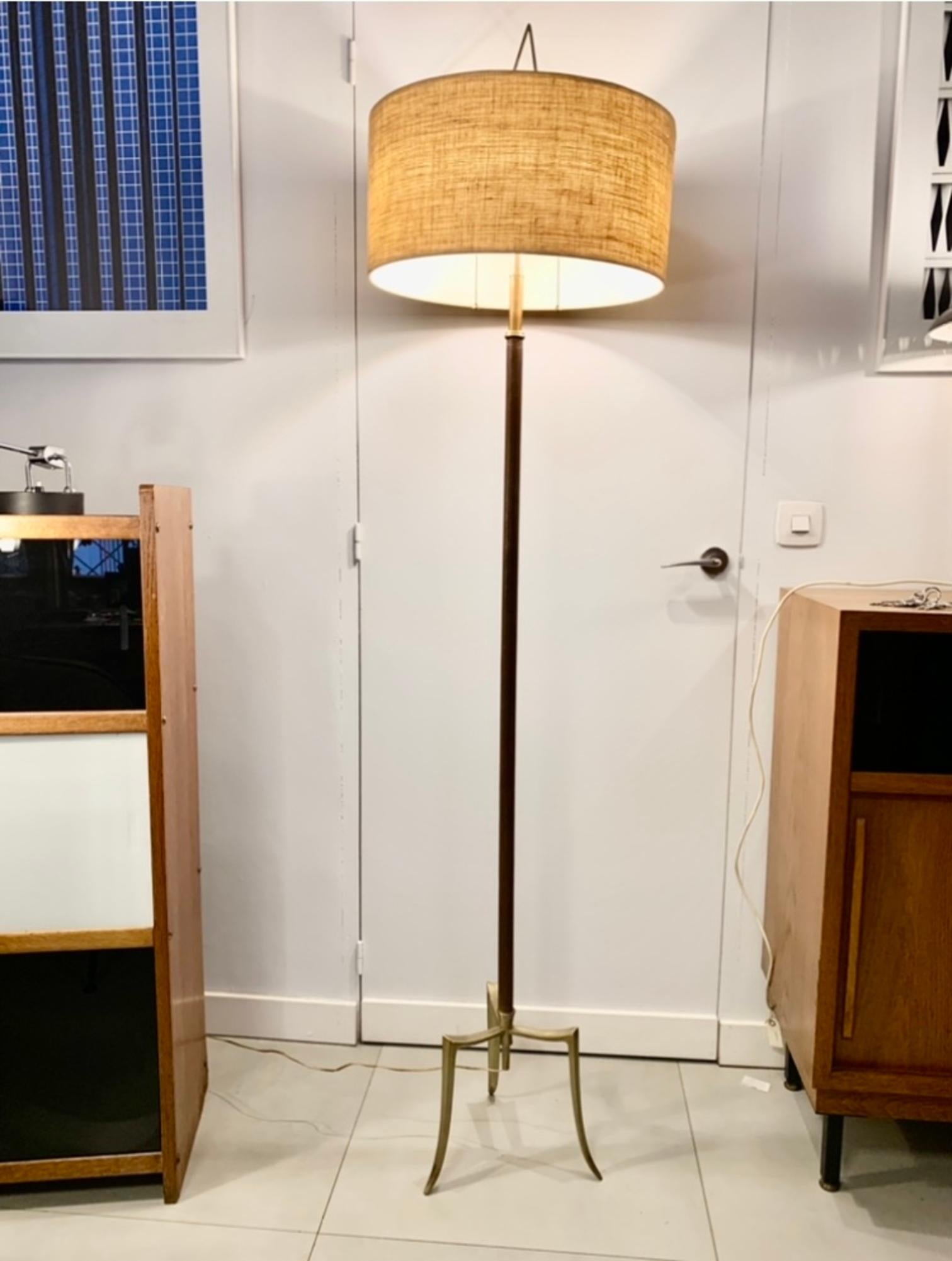 Midcentury French 1950 Brass, Bronze and Leather Tripod Floor Lamp 11