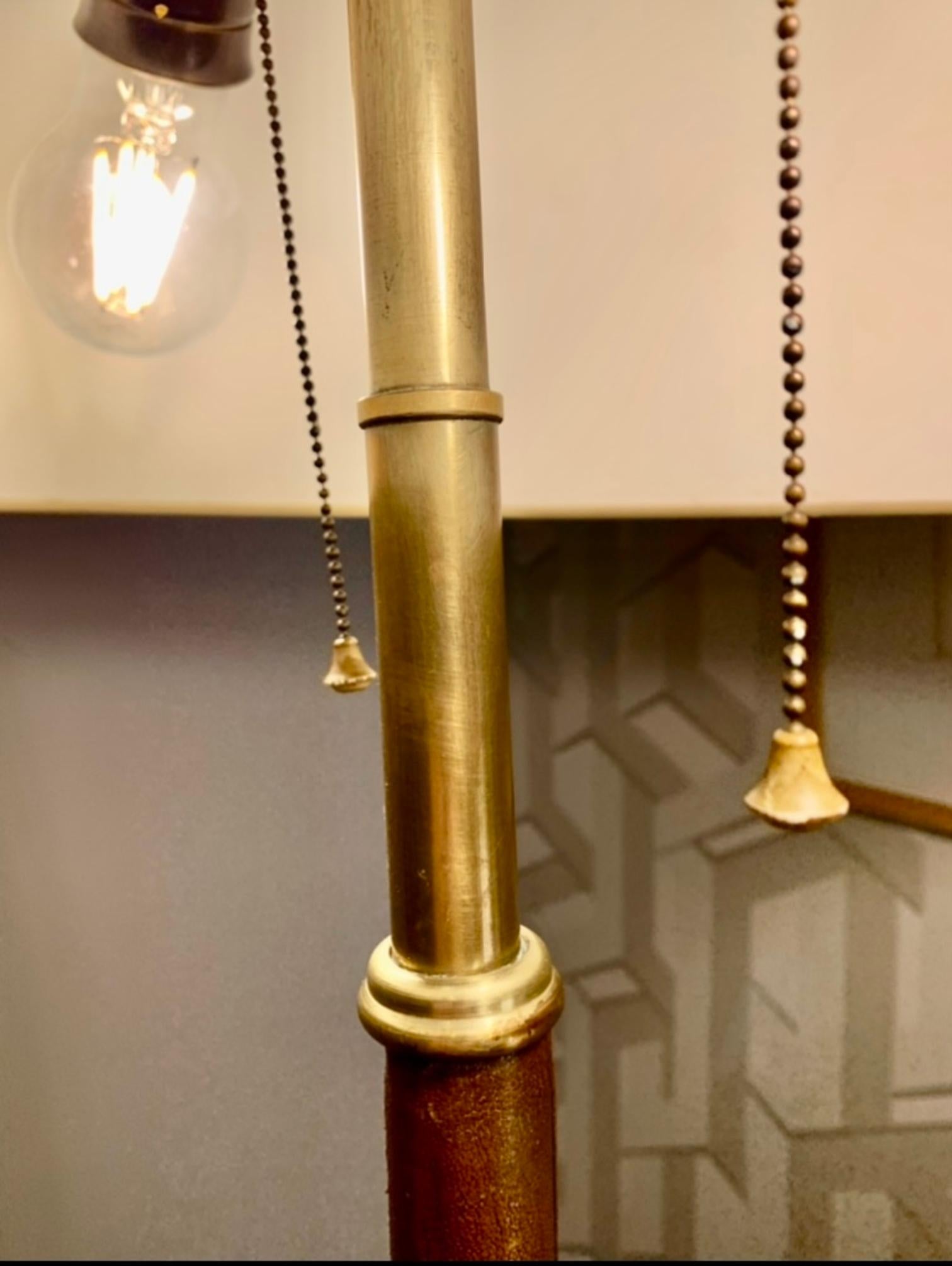 Midcentury French 1950 Brass, Bronze and Leather Tripod Floor Lamp 12