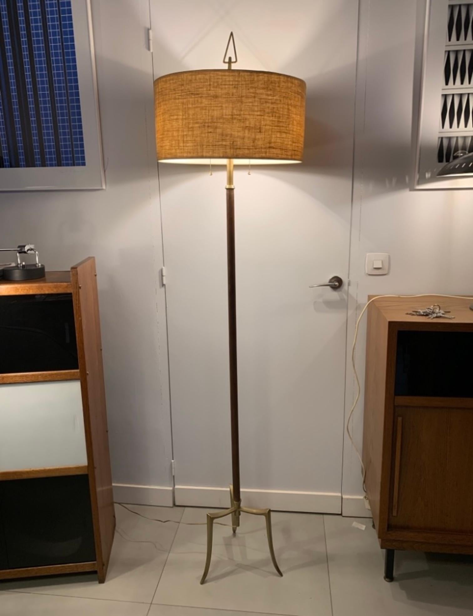 Midcentury French 1950 Brass, Bronze and Leather Tripod Floor Lamp 13