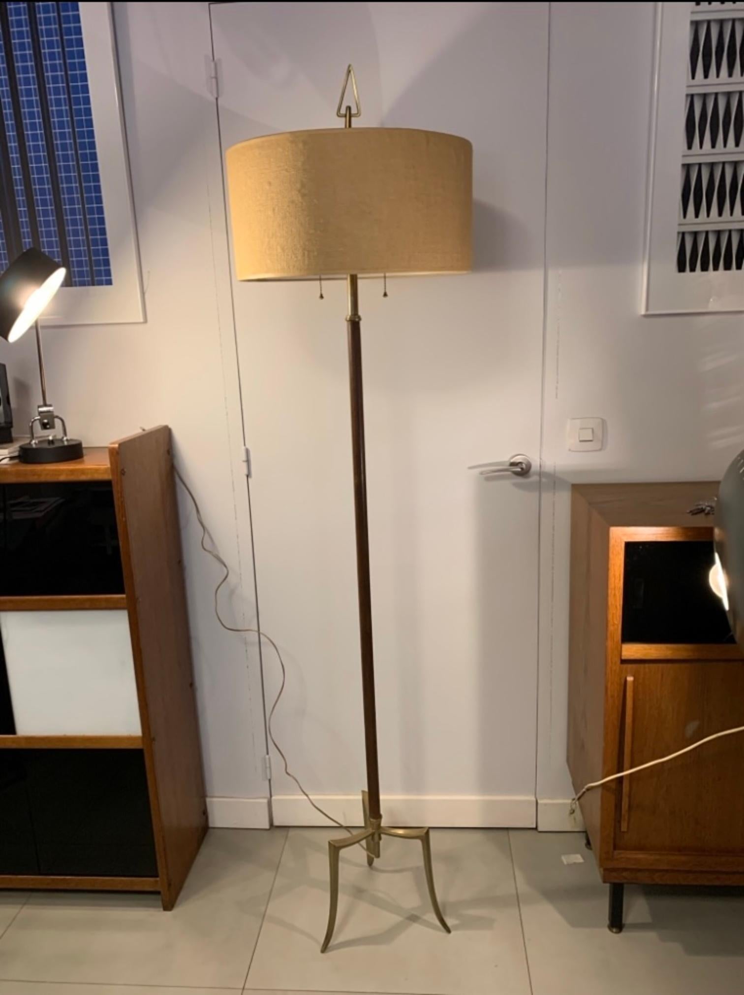 Midcentury French 1950 Brass, Bronze and Leather Tripod Floor Lamp 14