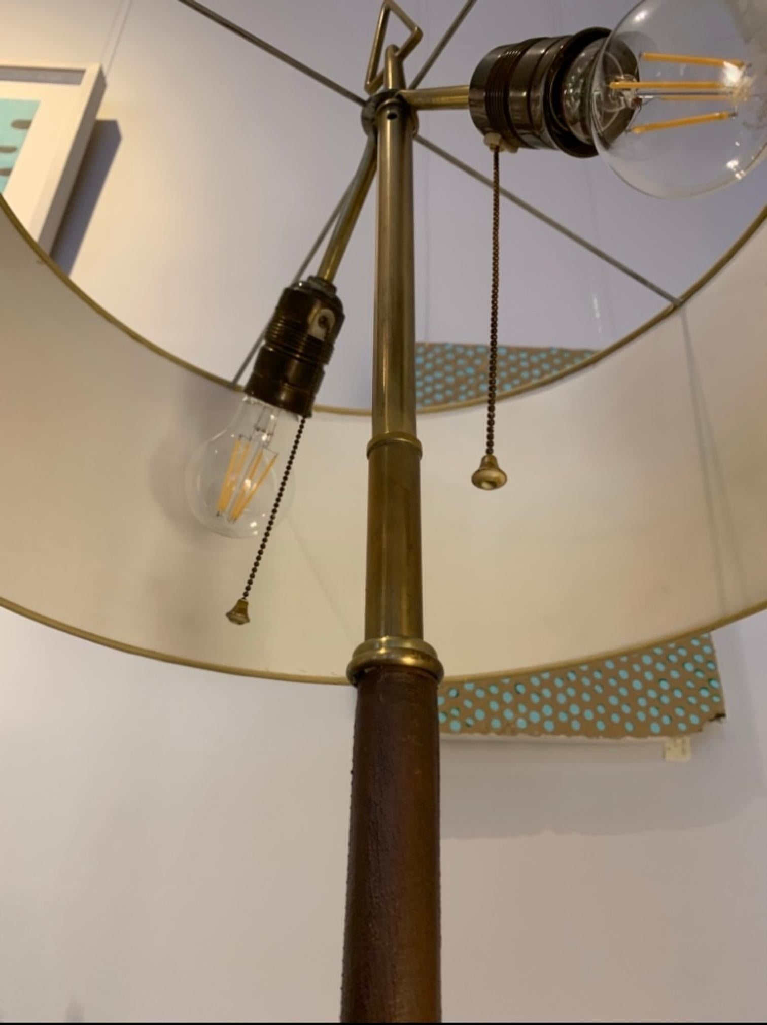 Mid-Century Modern Midcentury French 1950 Brass, Bronze and Leather Tripod Floor Lamp