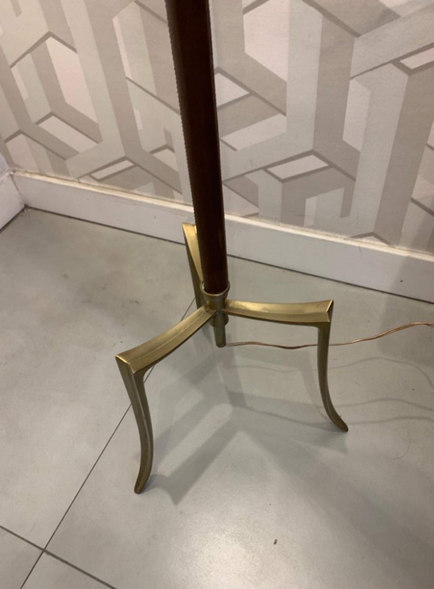 20th Century Midcentury French 1950 Brass, Bronze and Leather Tripod Floor Lamp