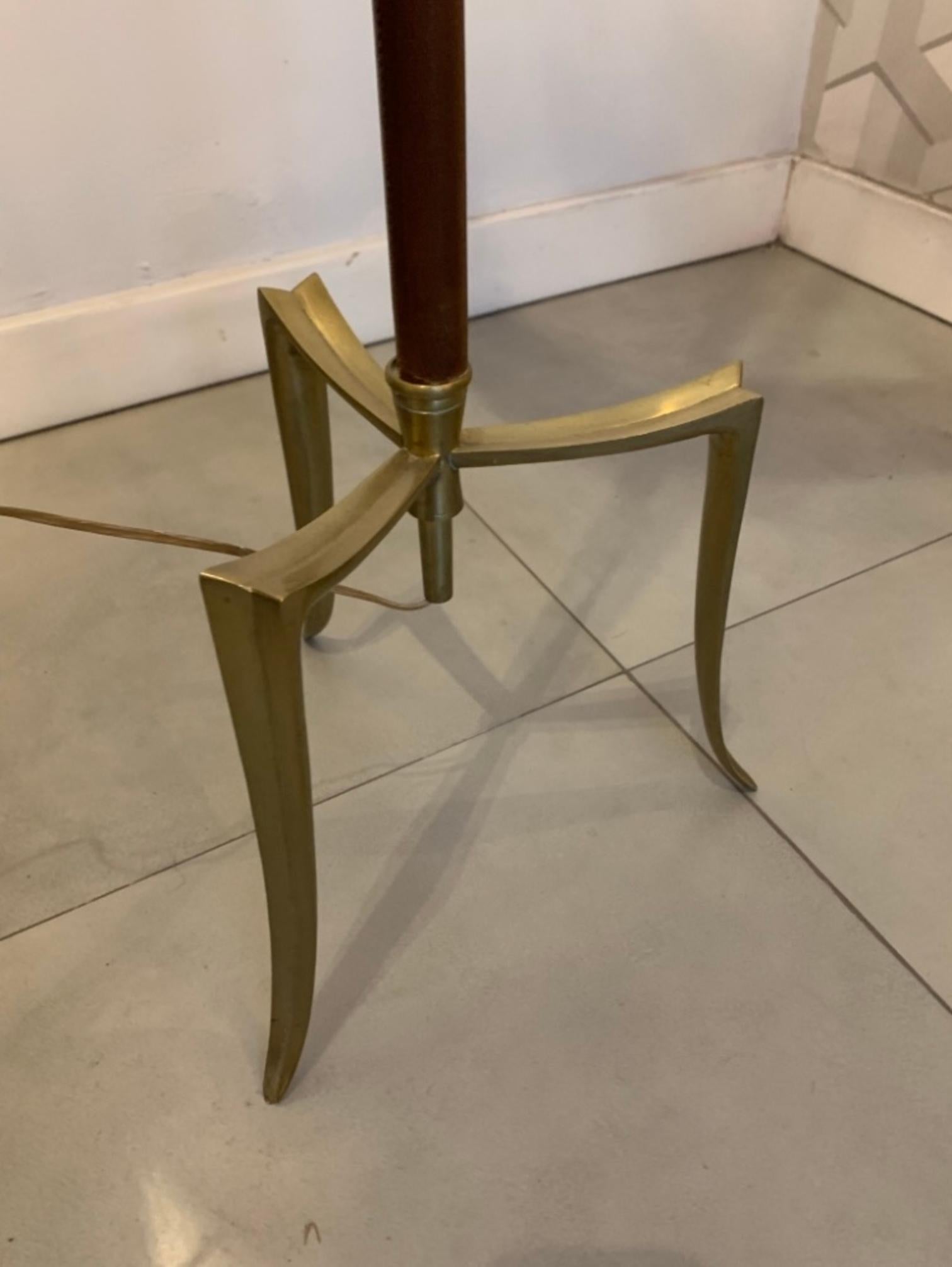 Midcentury French 1950 Brass, Bronze and Leather Tripod Floor Lamp 3