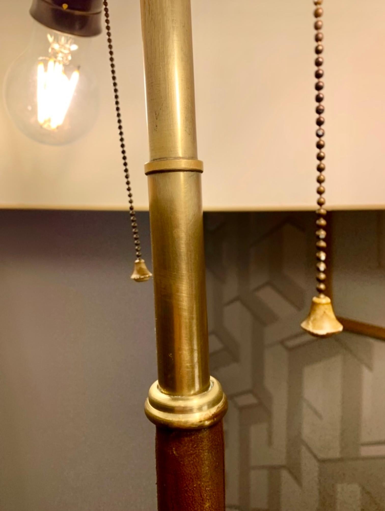 Midcentury French 1950 Brass, Bronze and Leather Tripod Floor Lamp 4
