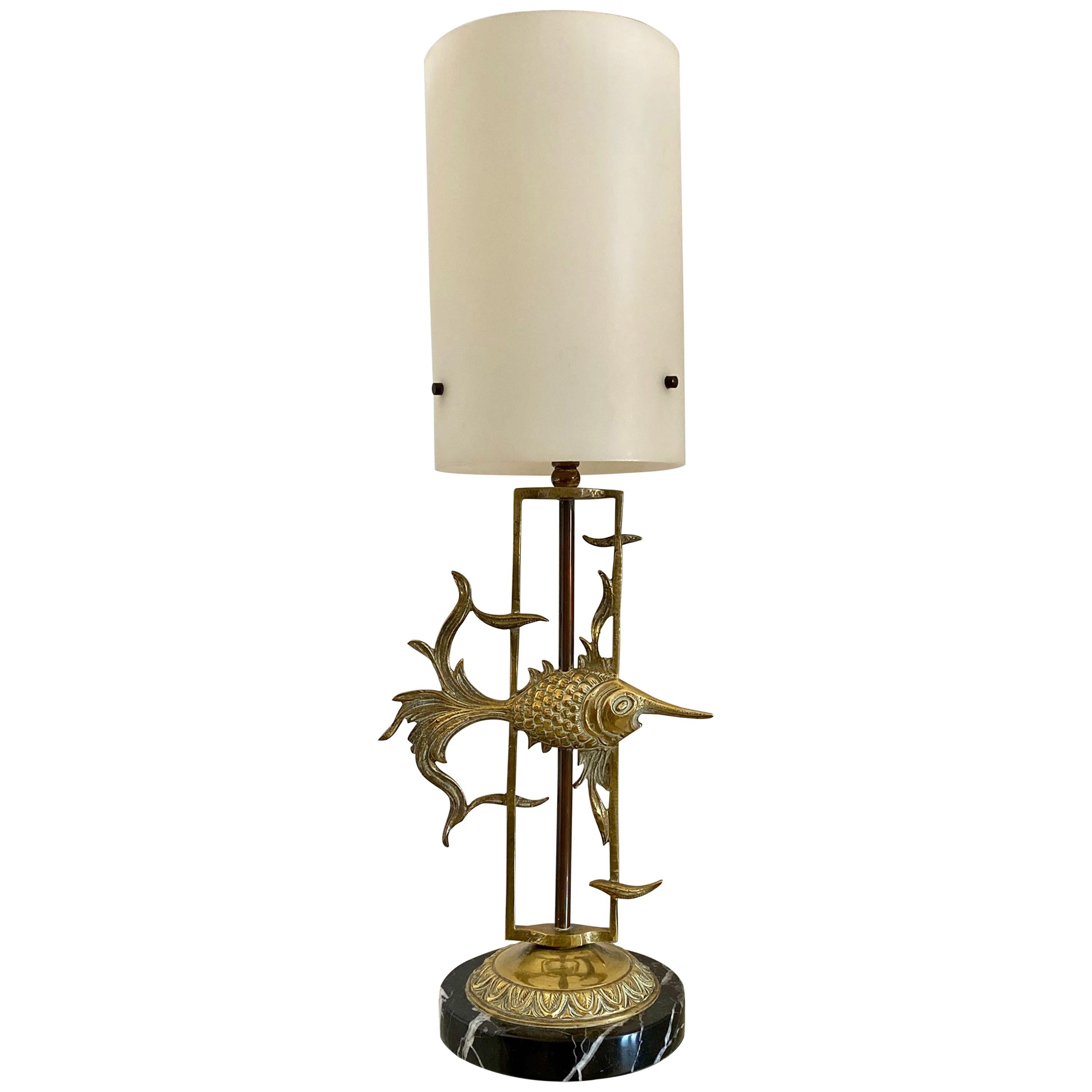 Midcentury French 1950s Brass and Marble Fish Lamp For Sale