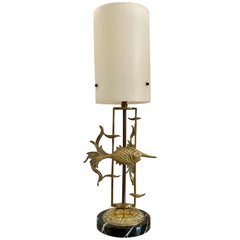 Retro Midcentury French 1950s Brass and Marble Fish Lamp