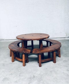Midcentury French Alps Chalet Style Round Table & 4 Benches, France 1950's