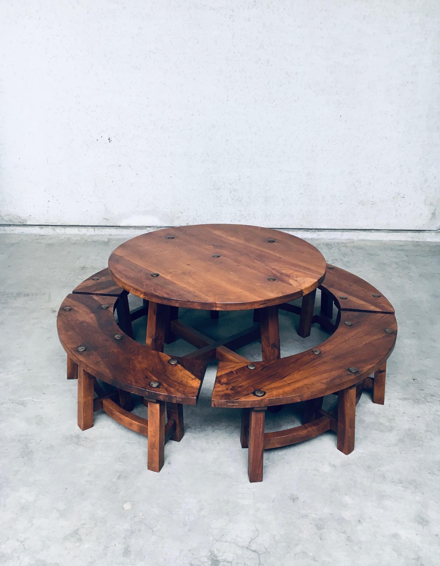 French Provincial Midcentury French Alps Chalet Style Round Table & 4 Benches, France 1950's