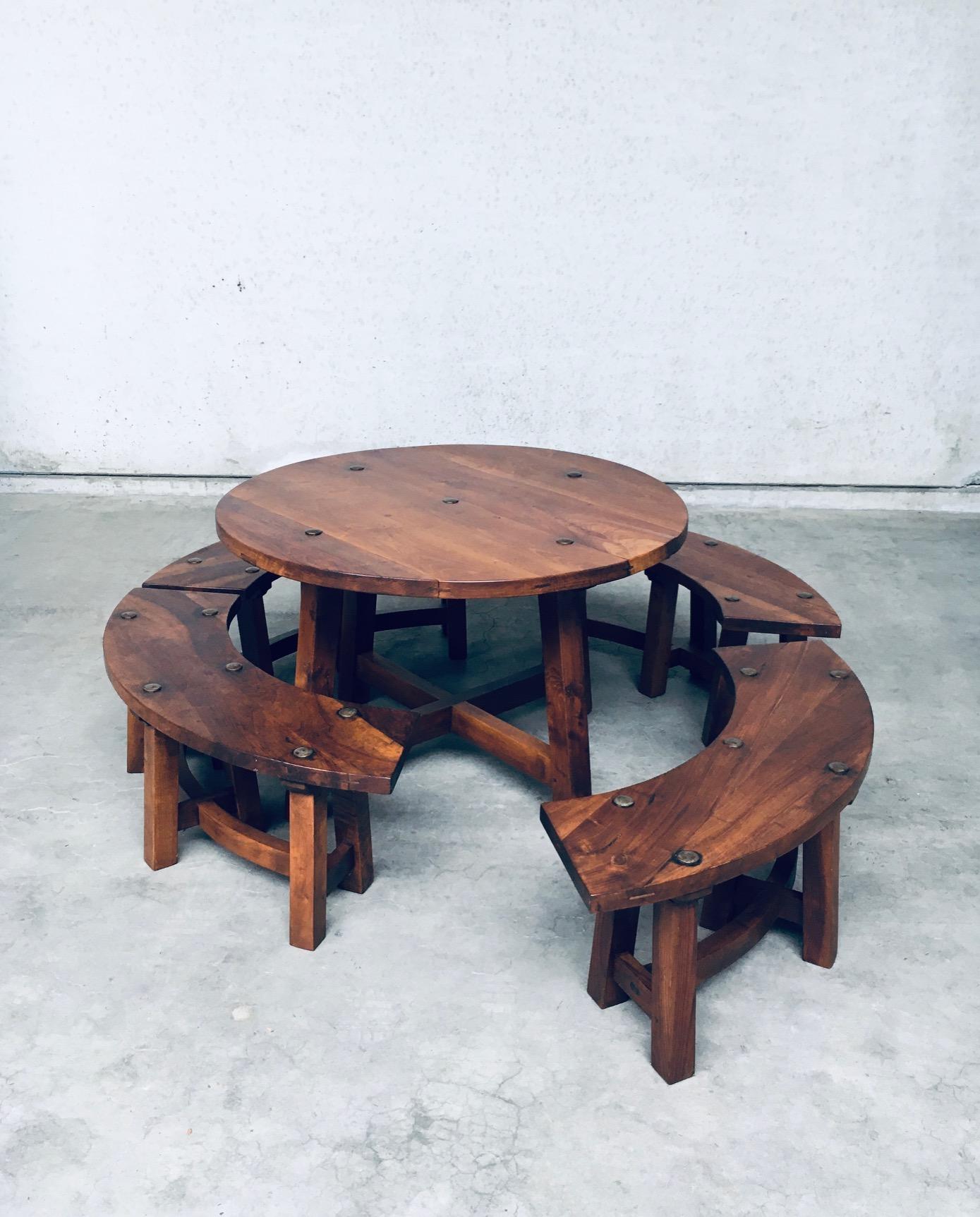 Mid-20th Century Midcentury French Alps Chalet Style Round Table & 4 Benches, France 1950's