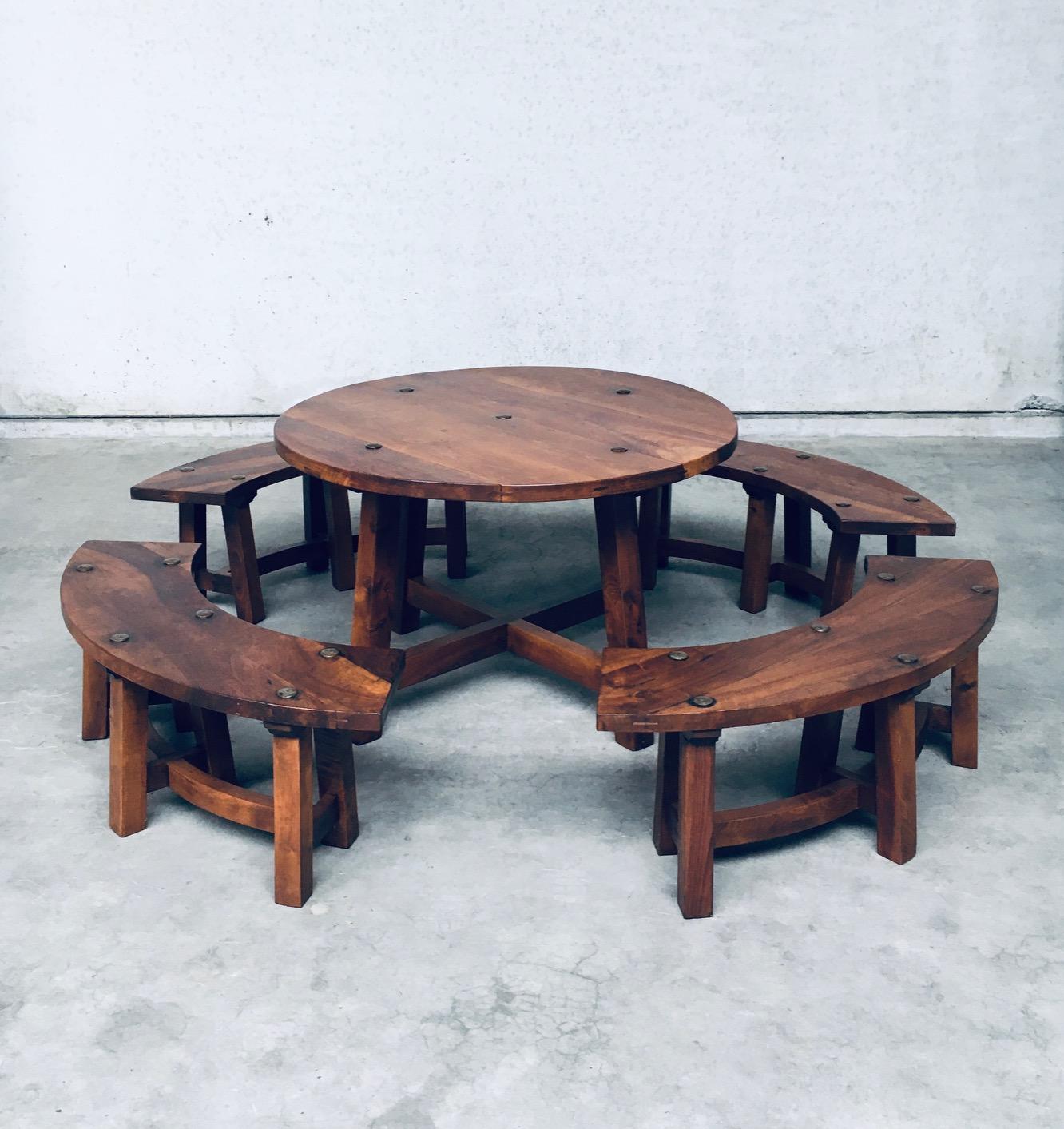 Ash Midcentury French Alps Chalet Style Round Table & 4 Benches, France 1950's