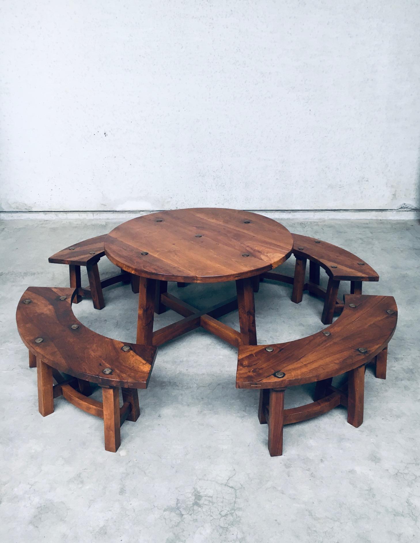 Midcentury French Alps Chalet Style Round Table & 4 Benches, France 1950's 1