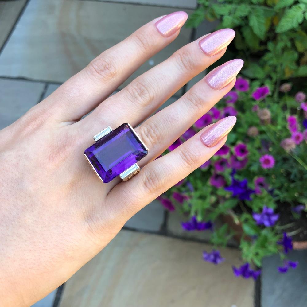 Midcentury French Amethyst Gold Ring For Sale 1