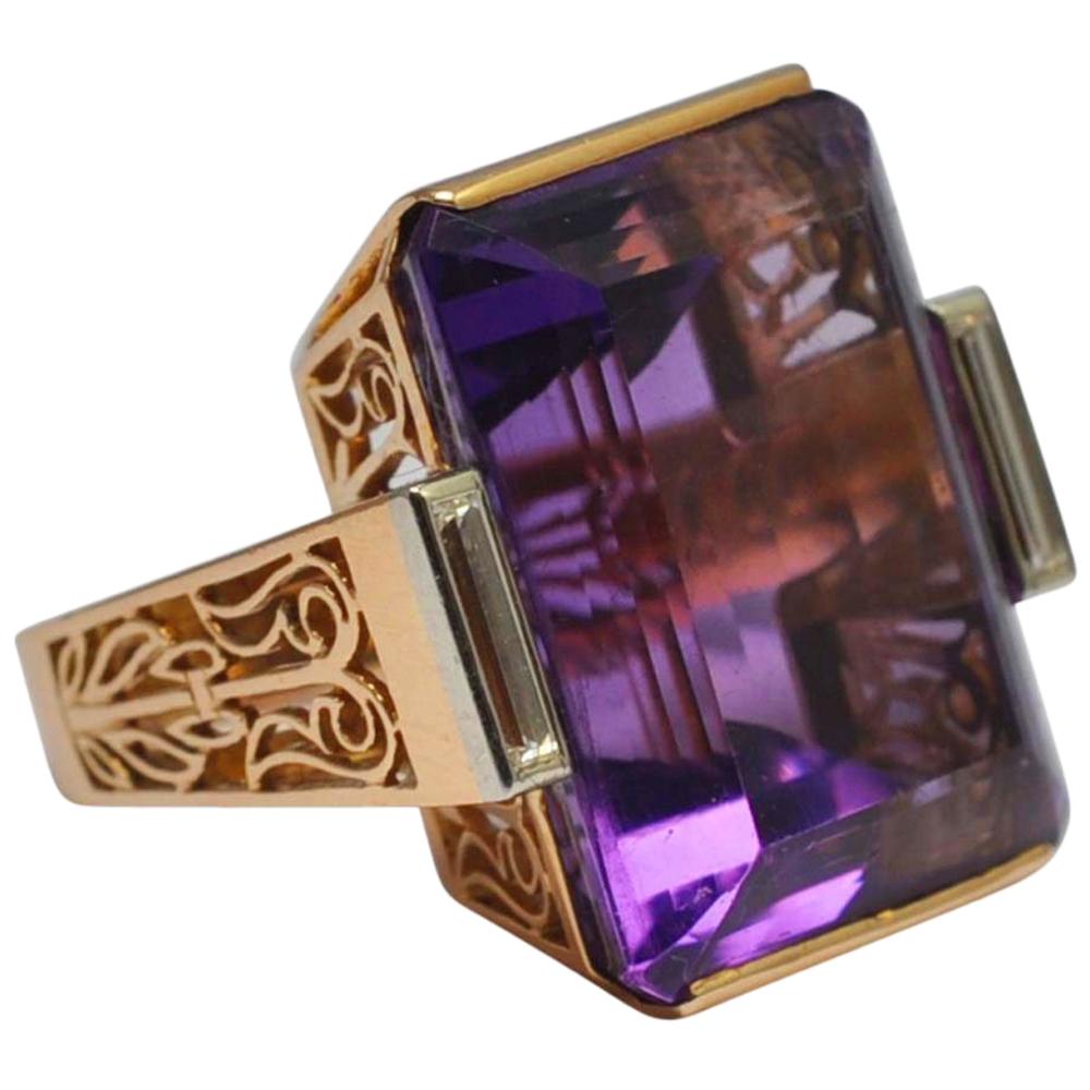 Midcentury French Amethyst Gold Ring For Sale