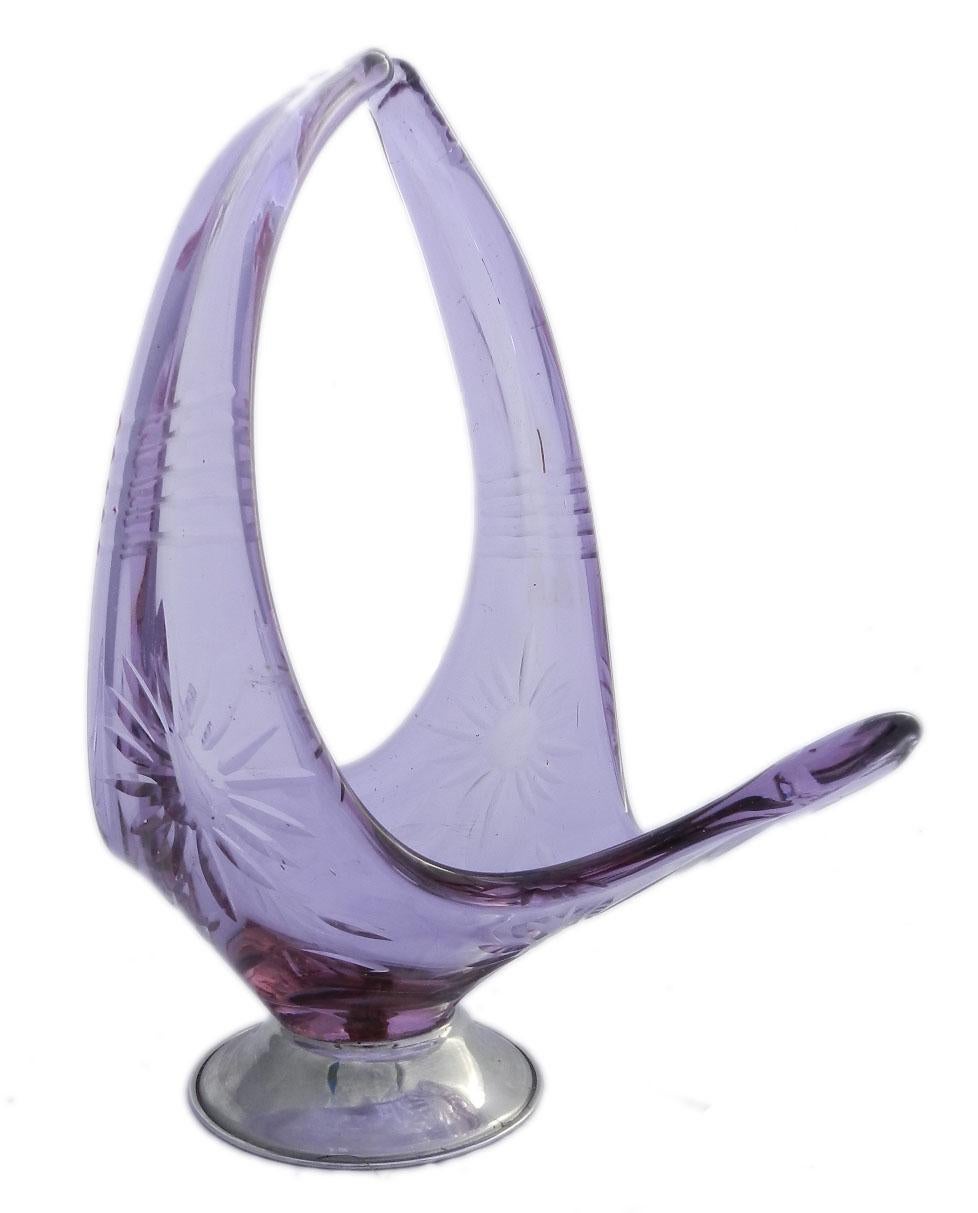 Metal Midcentury French Art Glass Centre Piece Mauve Purple Cut Star Friut Bowl
