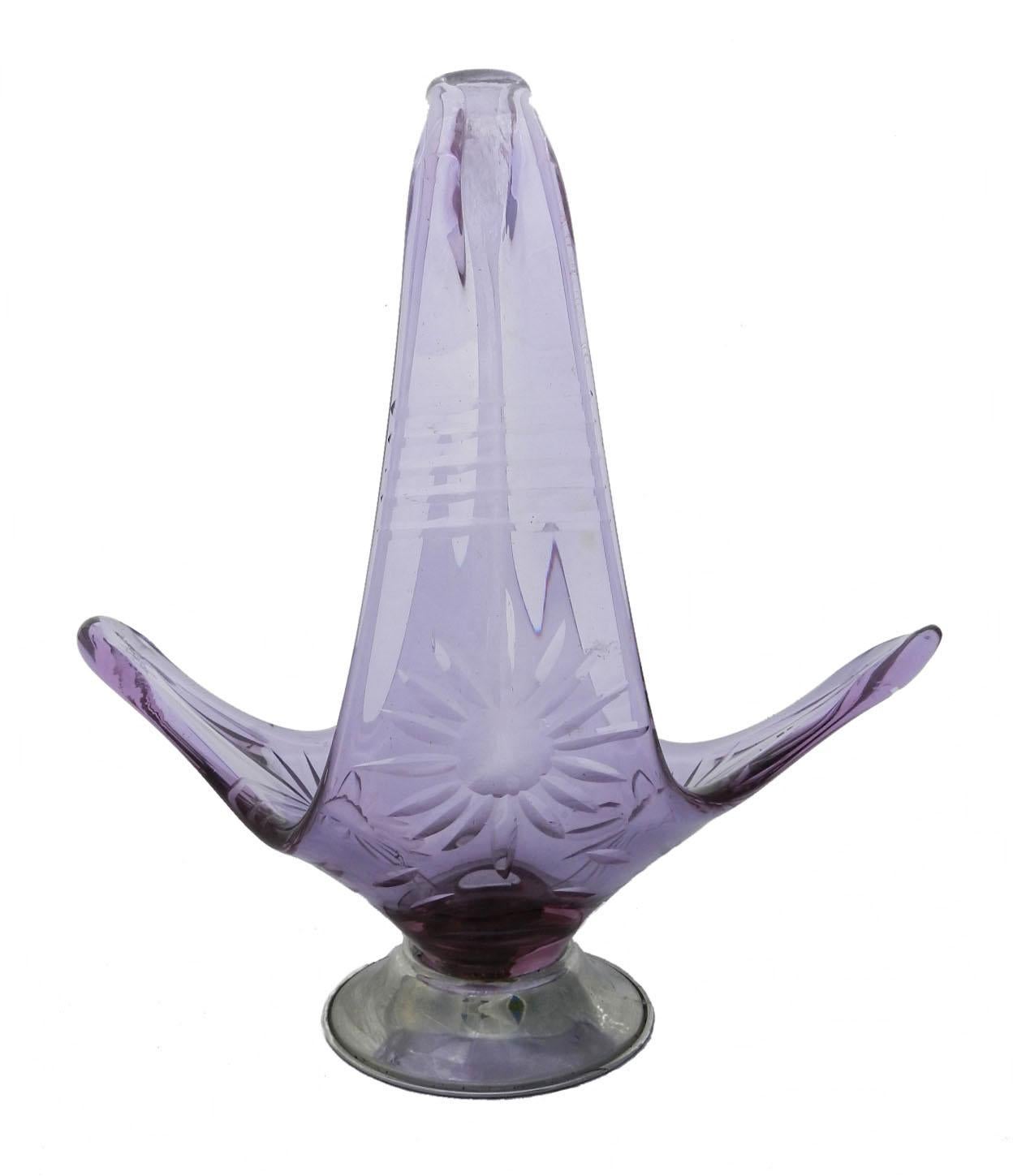 20th Century Midcentury French Art Glass Centre Piece Mauve Purple Cut Star Friut Bowl