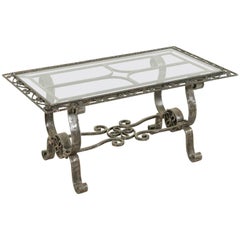 Midcentury French Artisan Made Hand-Forged Iron Coffee Table with Glass Top
