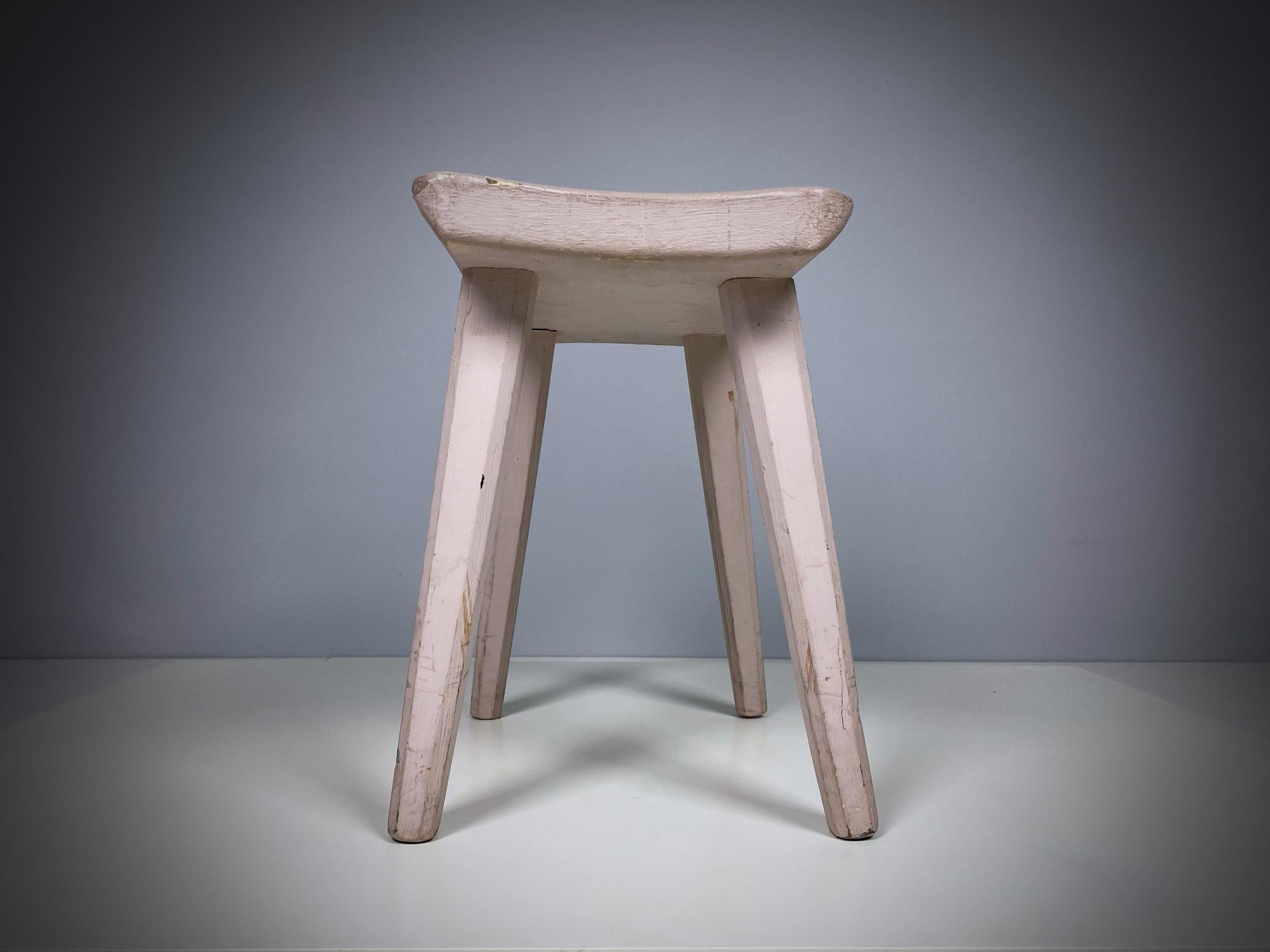 Hand-Crafted Midcentury French Artisanal Crème Oak Stool, 1950s, France For Sale