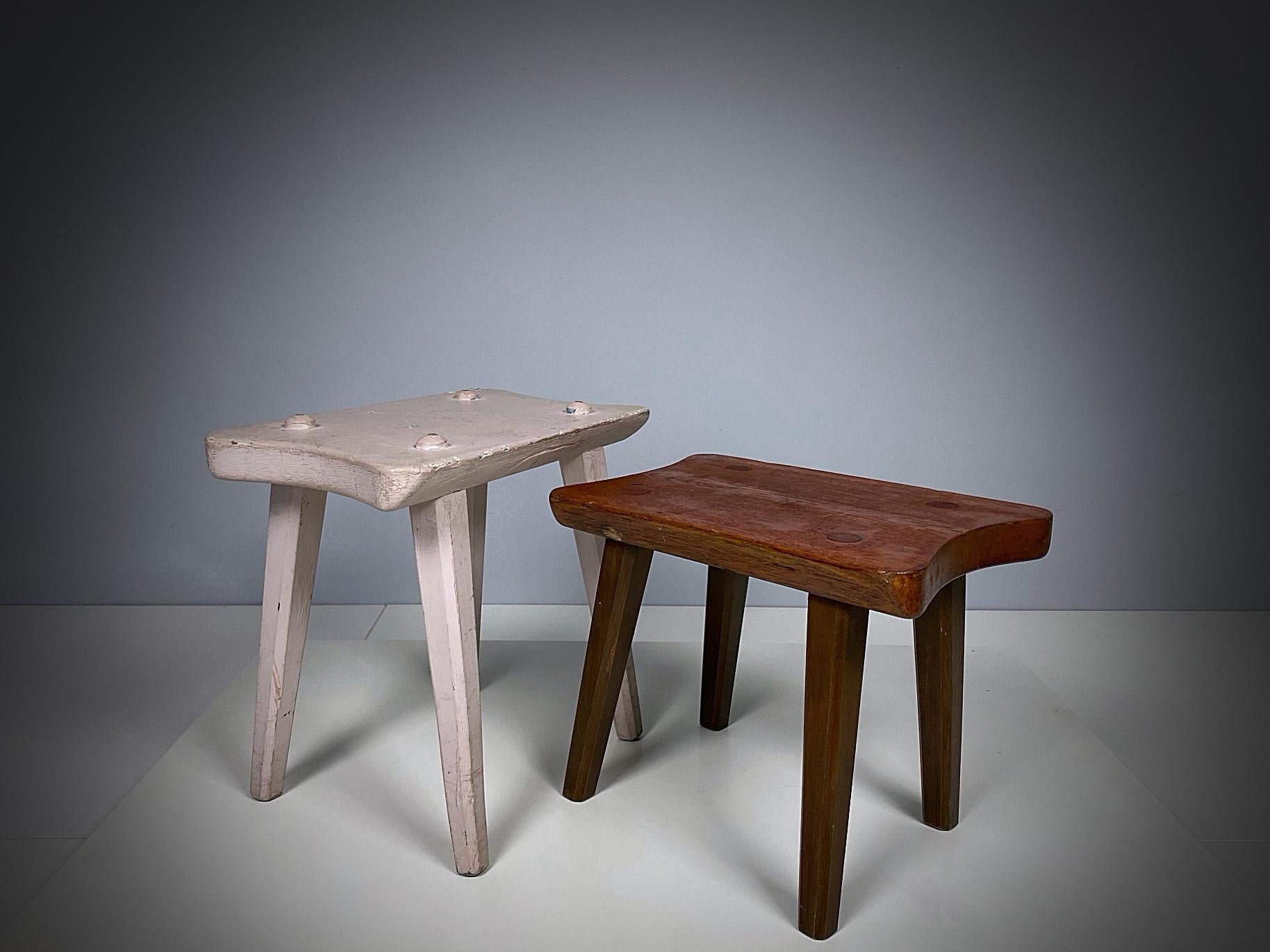 20th Century Midcentury French Artisanal Crème Oak Stool, 1950s, France For Sale