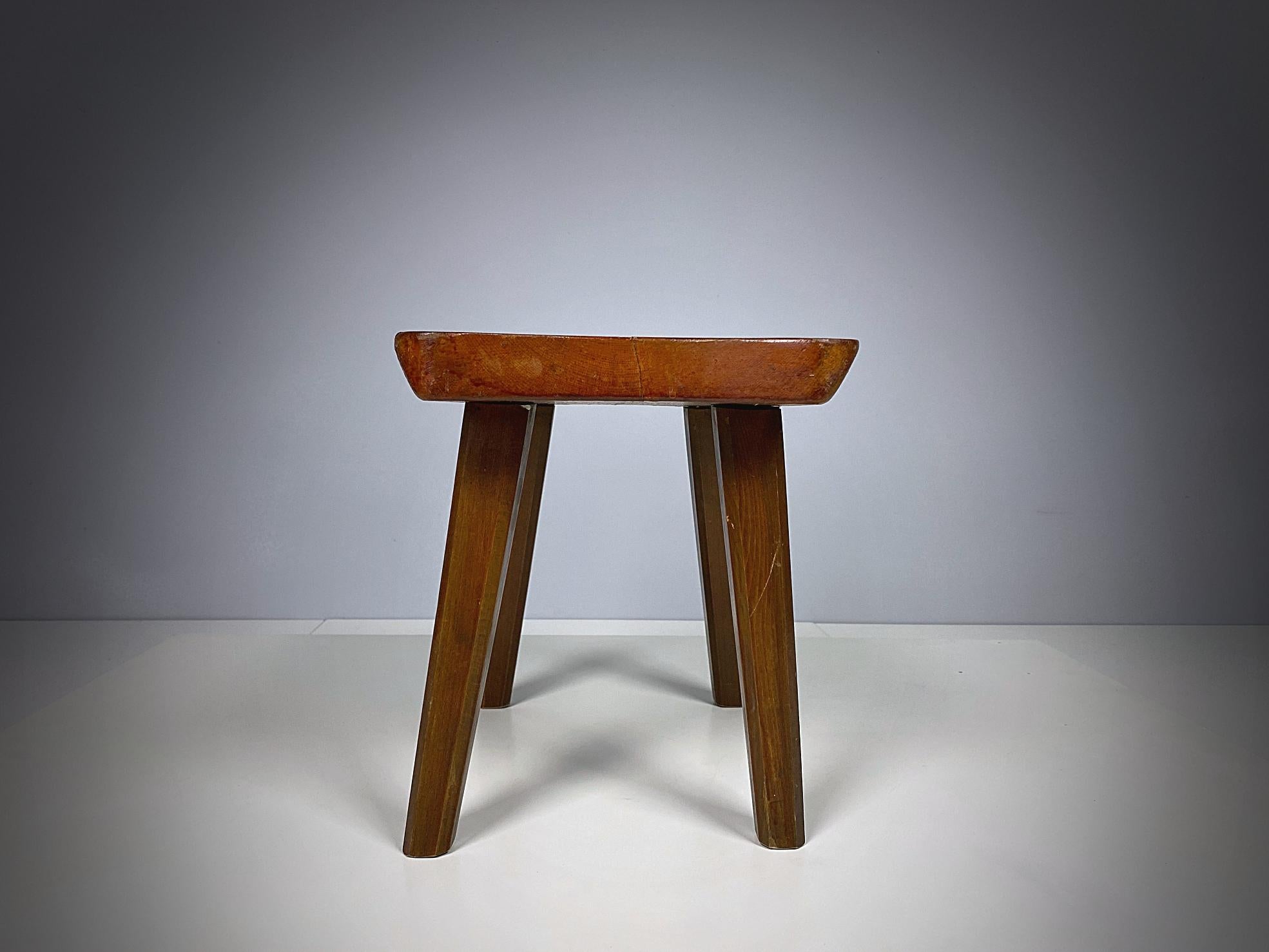 Hand-Crafted Midcentury French Artisanal Oak Stool, 1950s, France For Sale