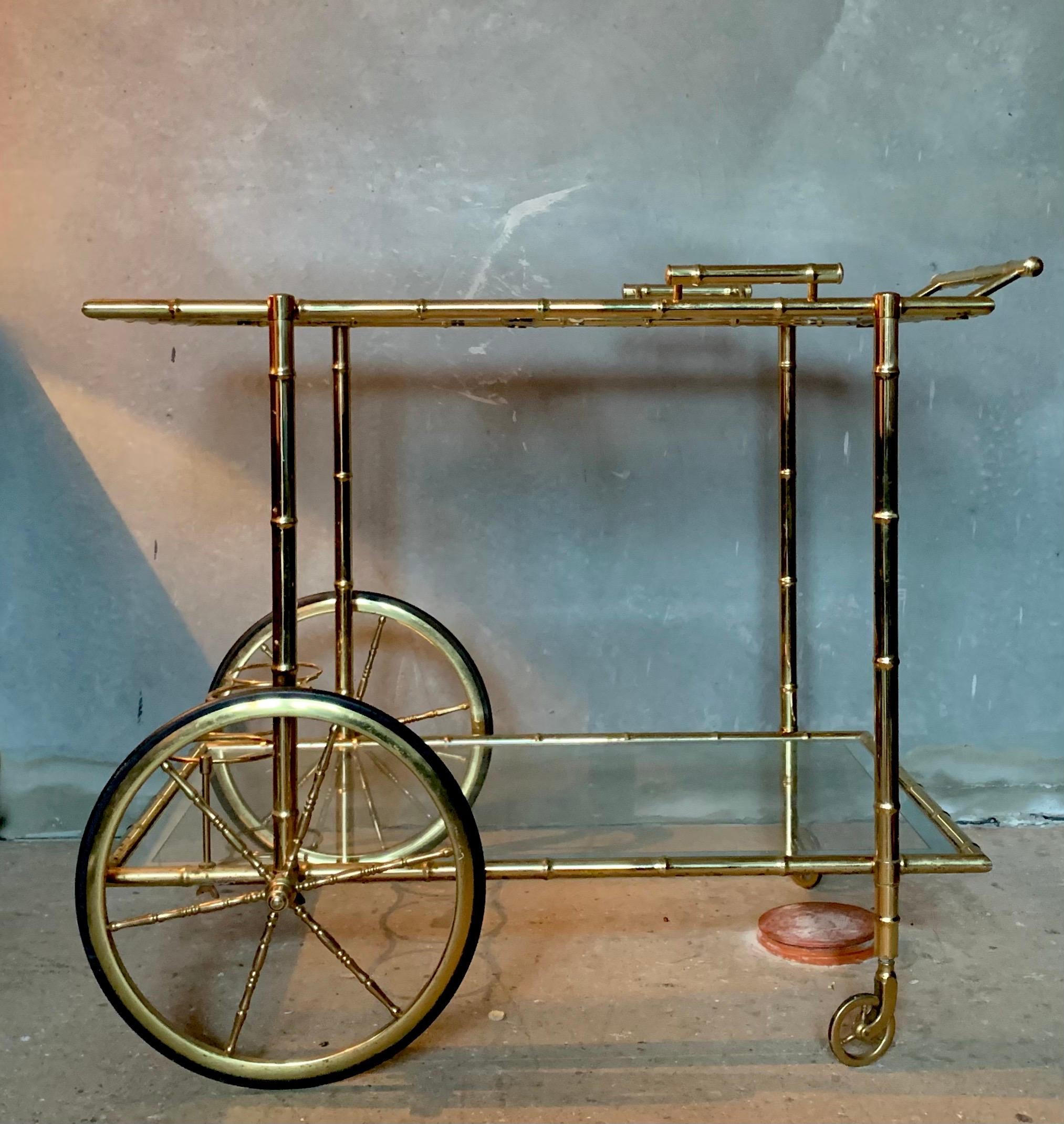 Midcentury French bar cart Maison Baguès made of faux bamboo brass.