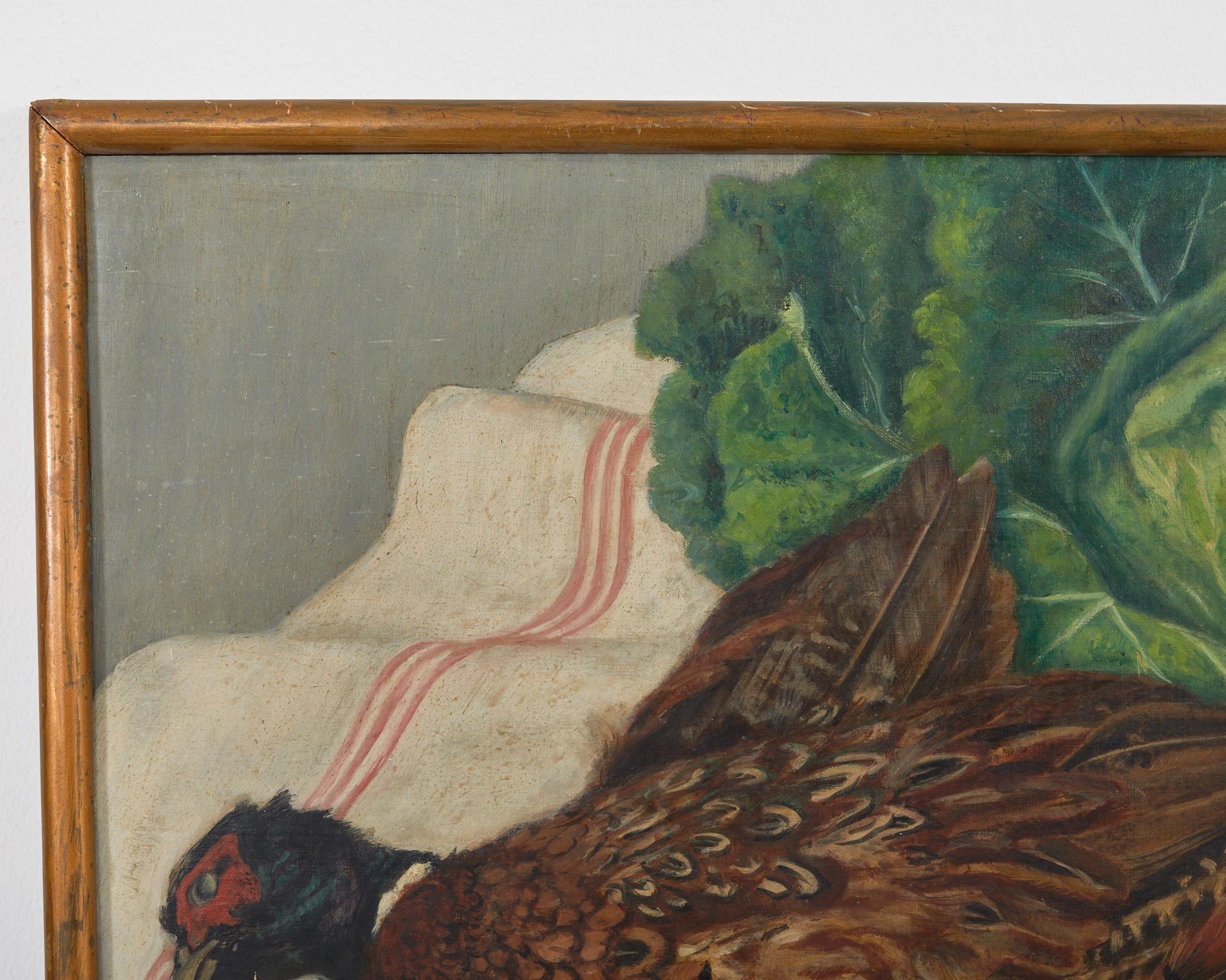 Painted Midcentury French Baroque Style Still Life Pheasant with Cabbage For Sale