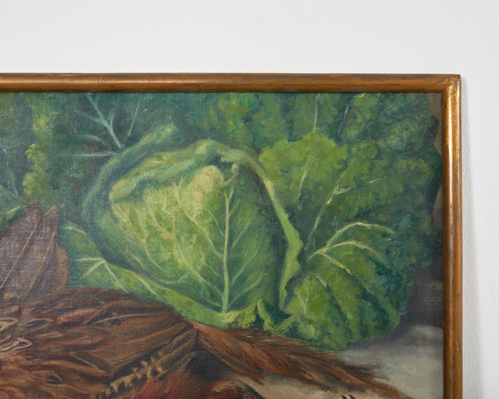 Midcentury French Baroque Style Still Life Pheasant with Cabbage In Good Condition For Sale In Rio Vista, CA