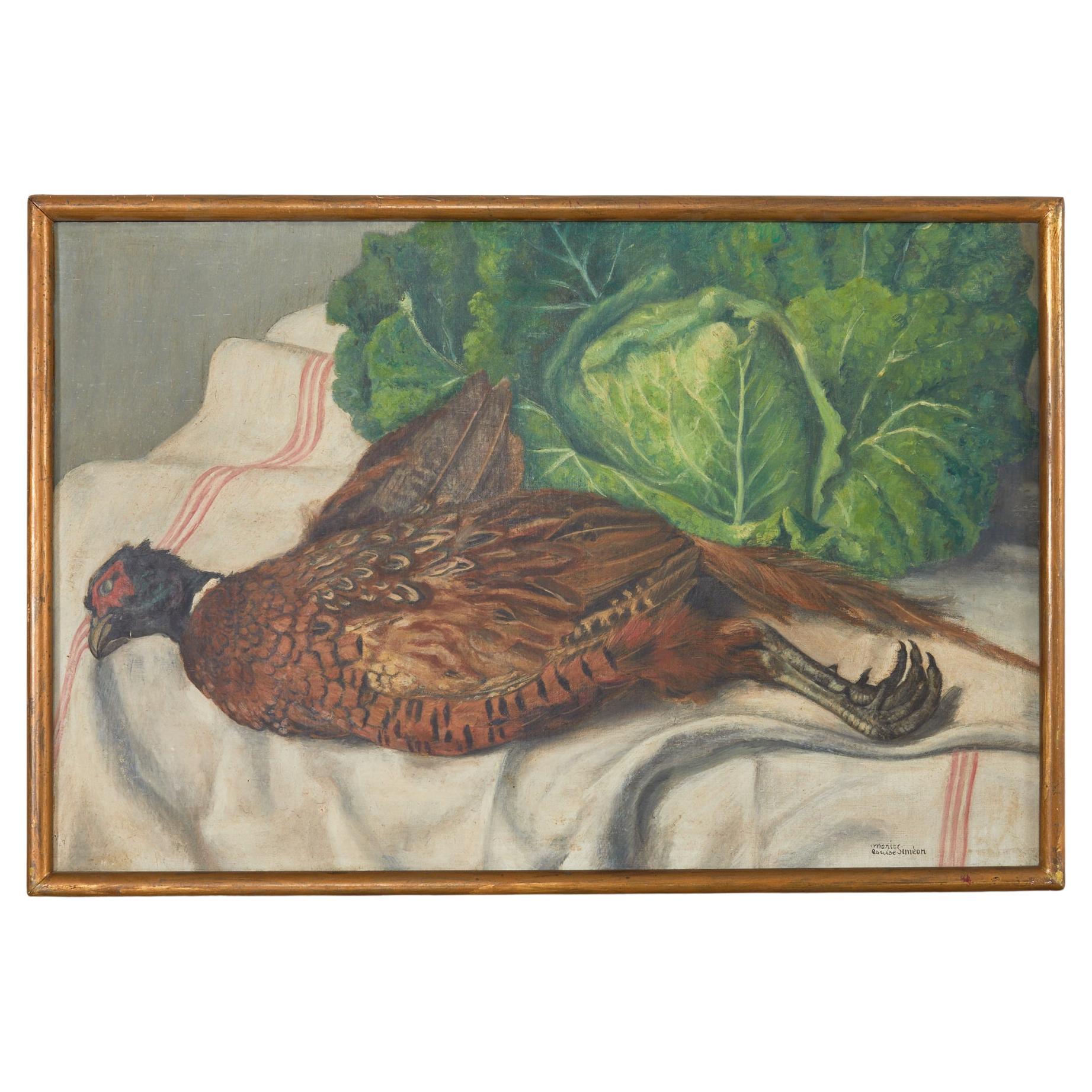 Midcentury French Baroque Style Still Life Pheasant with Cabbage For Sale