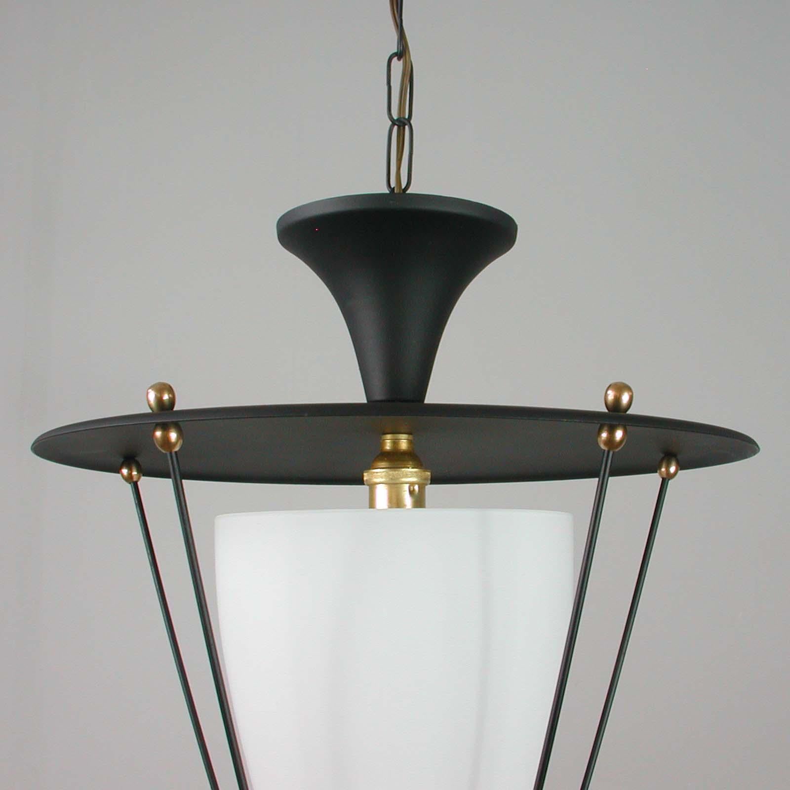 Lacquered Midcentury French Black and White Lantern with Brass Details, 1950s