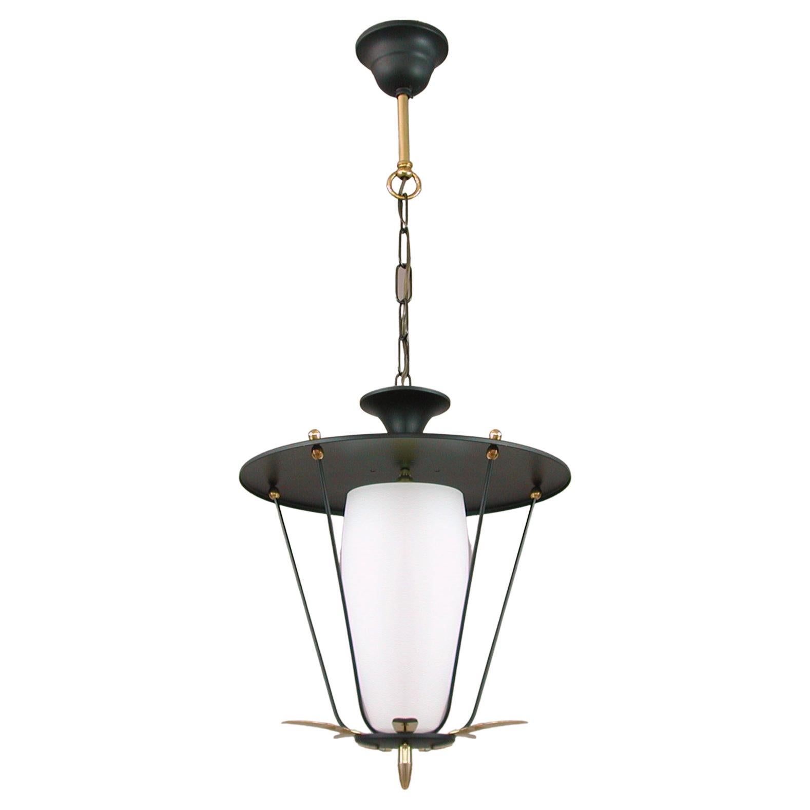 Midcentury French Black and White Opaline Lantern with Brass Details, 1950s