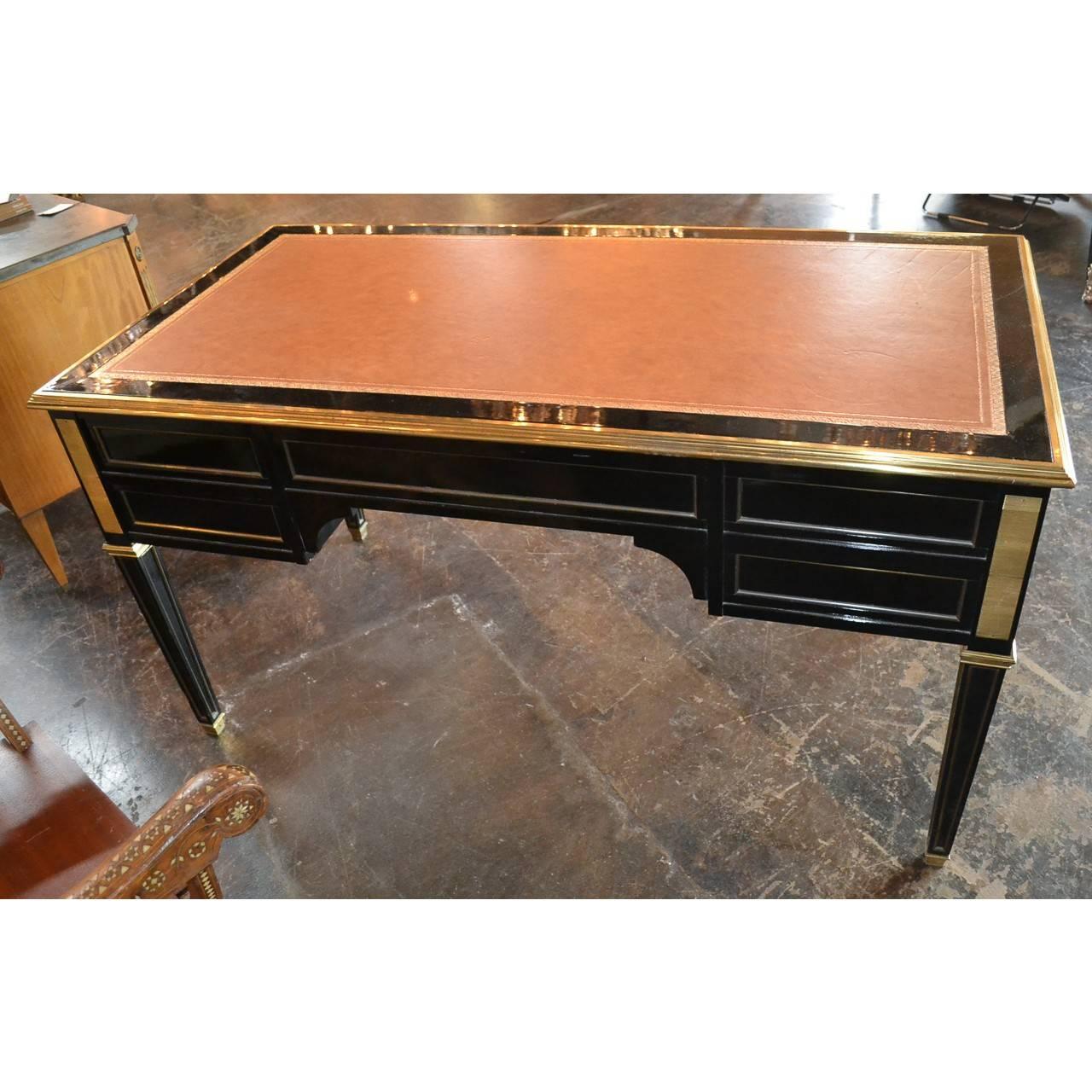 Brass Midcentury French Black Lacquered Writing Desk