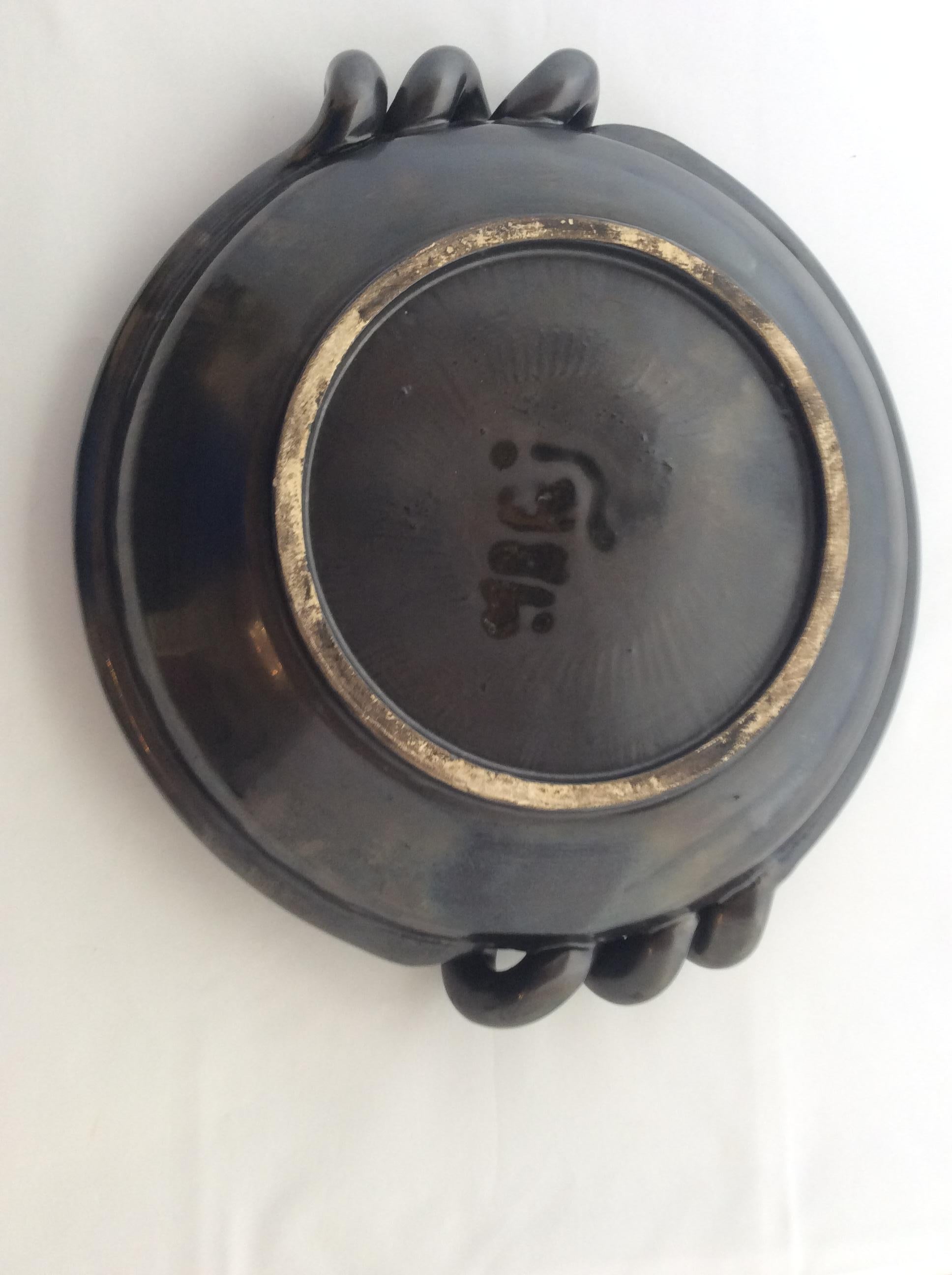 Mid-Century Modern Midcentury French Black Matte Ceramic Sculptural Bowl, Signed For Sale