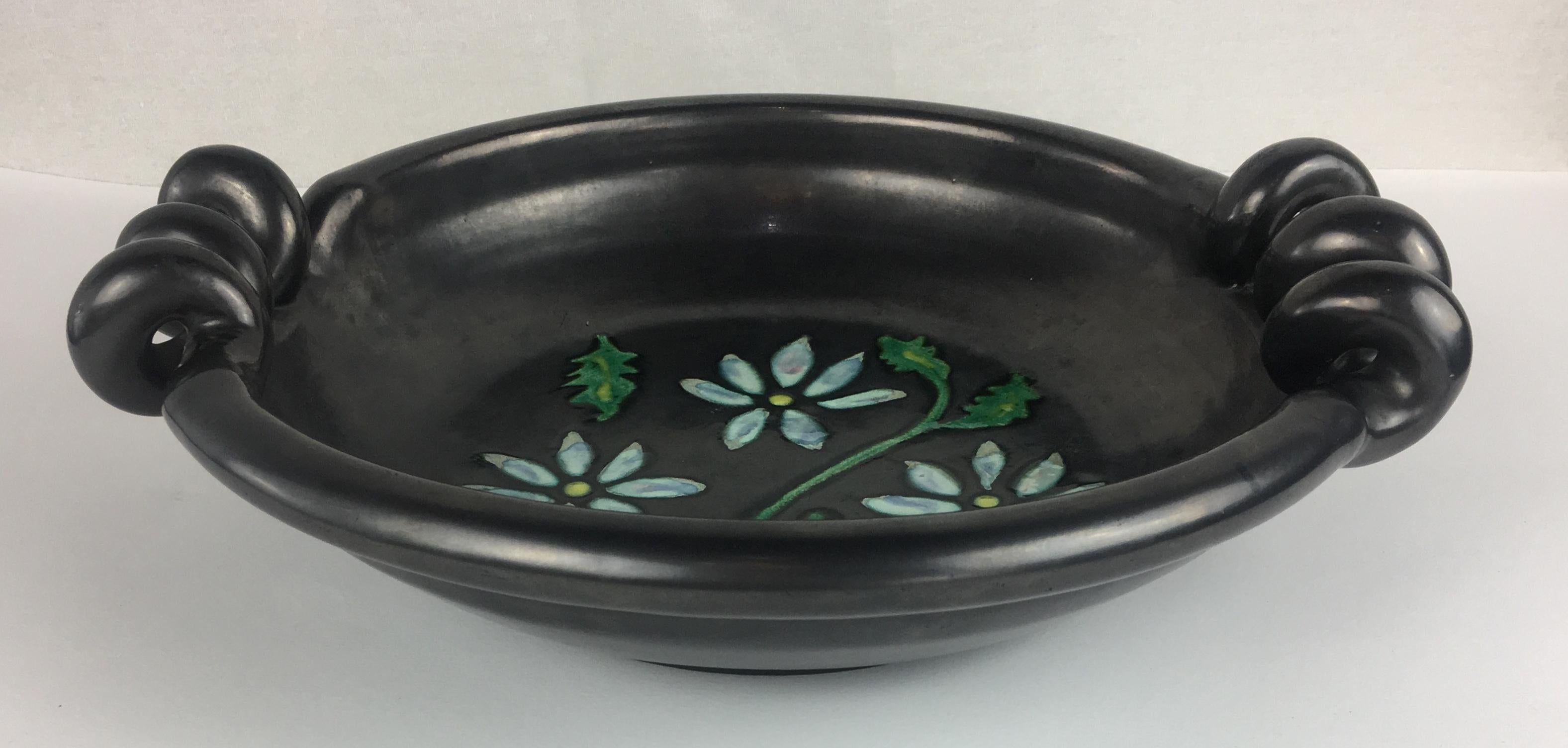 Glazed Midcentury French Black Matte Ceramic Sculptural Bowl, Signed For Sale