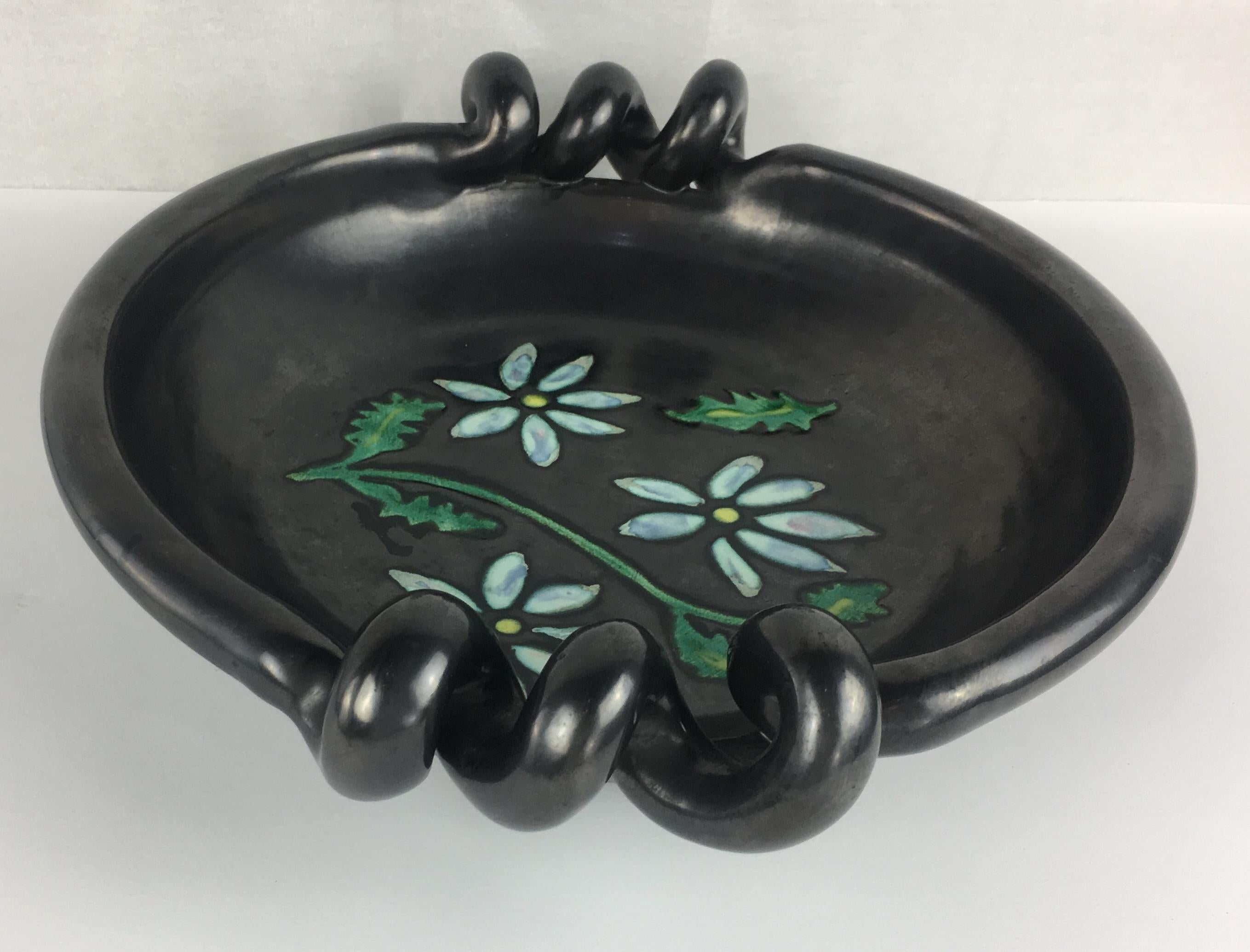 Midcentury French Black Matte Ceramic Sculptural Bowl, Signed In Good Condition In Miami, FL