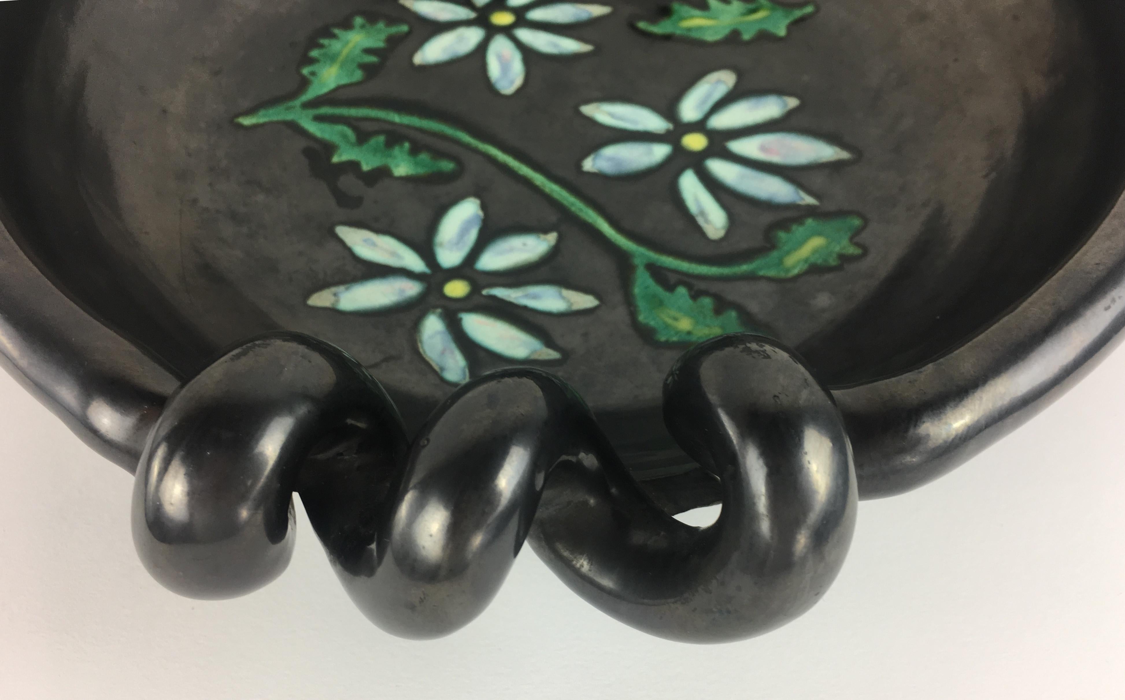 Midcentury French Black Matte Ceramic Sculptural Bowl, Signed For Sale 1
