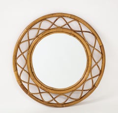 Midcentury French Braided Rattan and Bamboo Round Wall Mirror