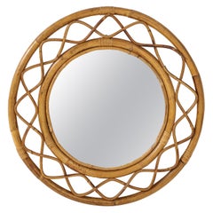 Midcentury French Braided Rattan and Bamboo Round Wall Mirror