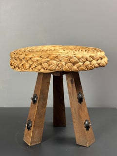 Midcentury French braided rope tripod stool in the style of Audoux & Minet 1950s