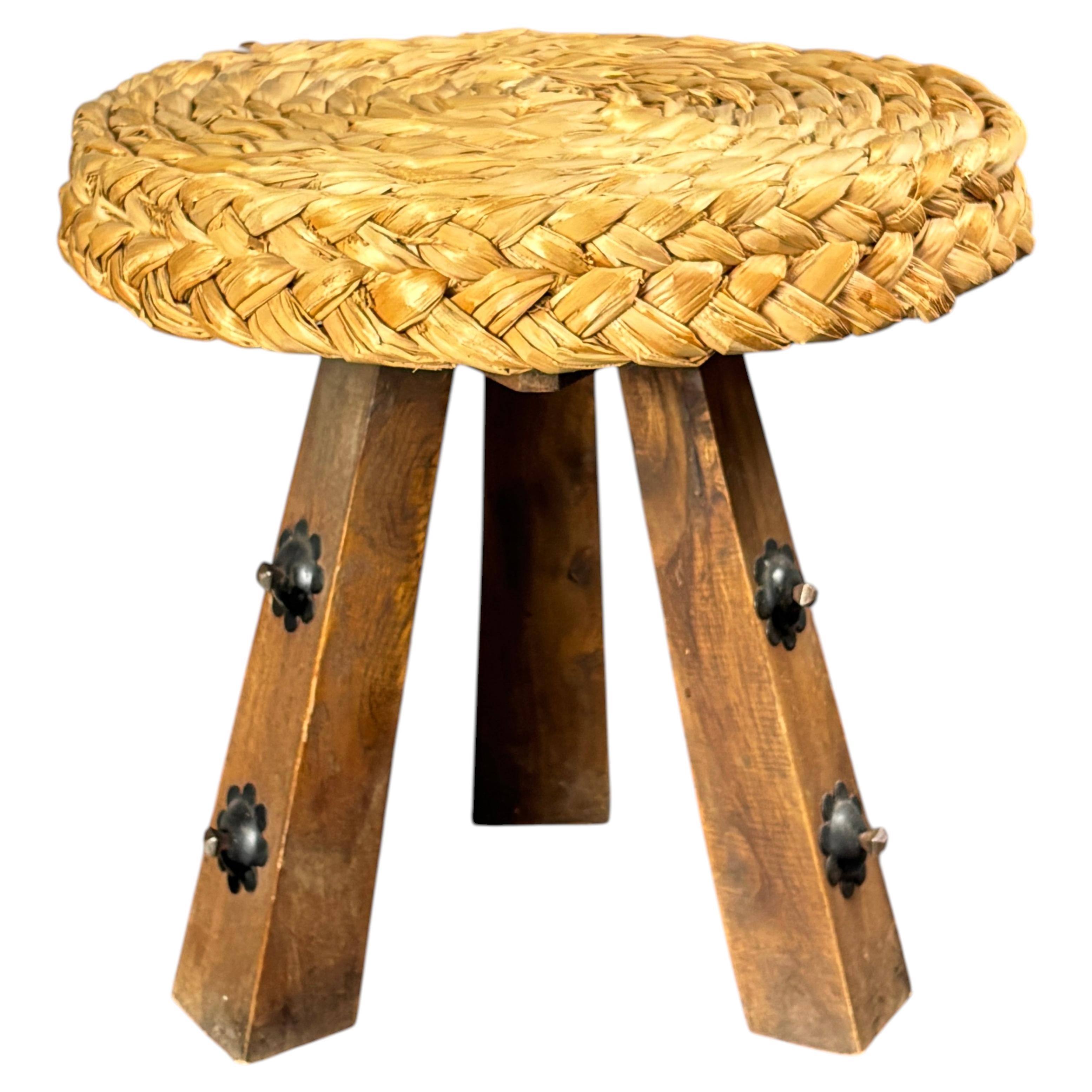 Midcentury French braided rope tripod stool in the style of Audoux & Minet 1950s For Sale