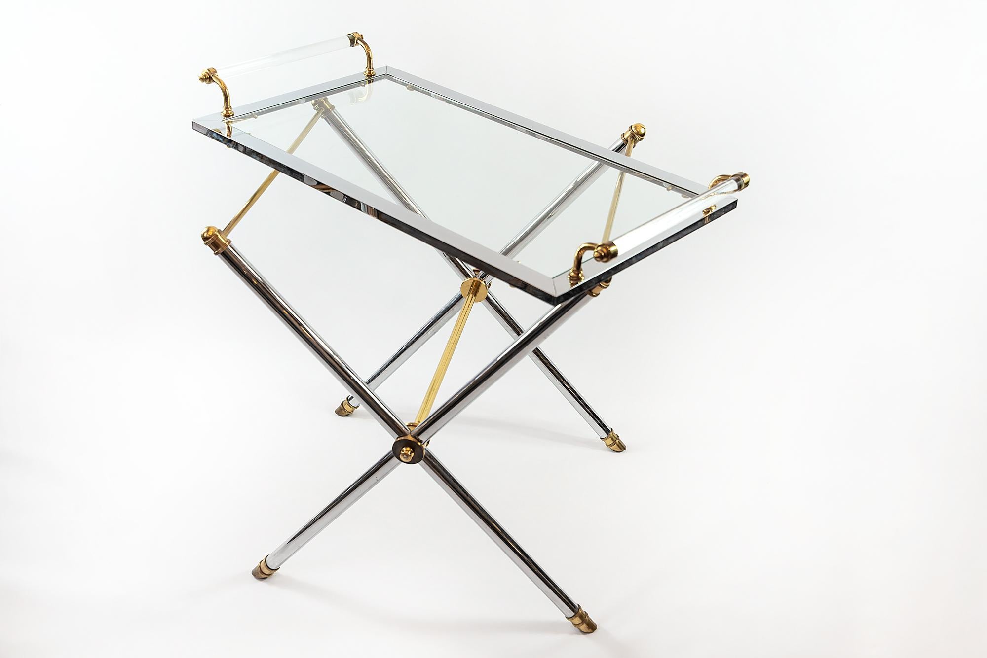 20th Century Midcentury French Brass and Chrome Serving Table with Removable Tray