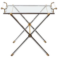 Midcentury French Brass and Chrome Serving Table with Removable Tray