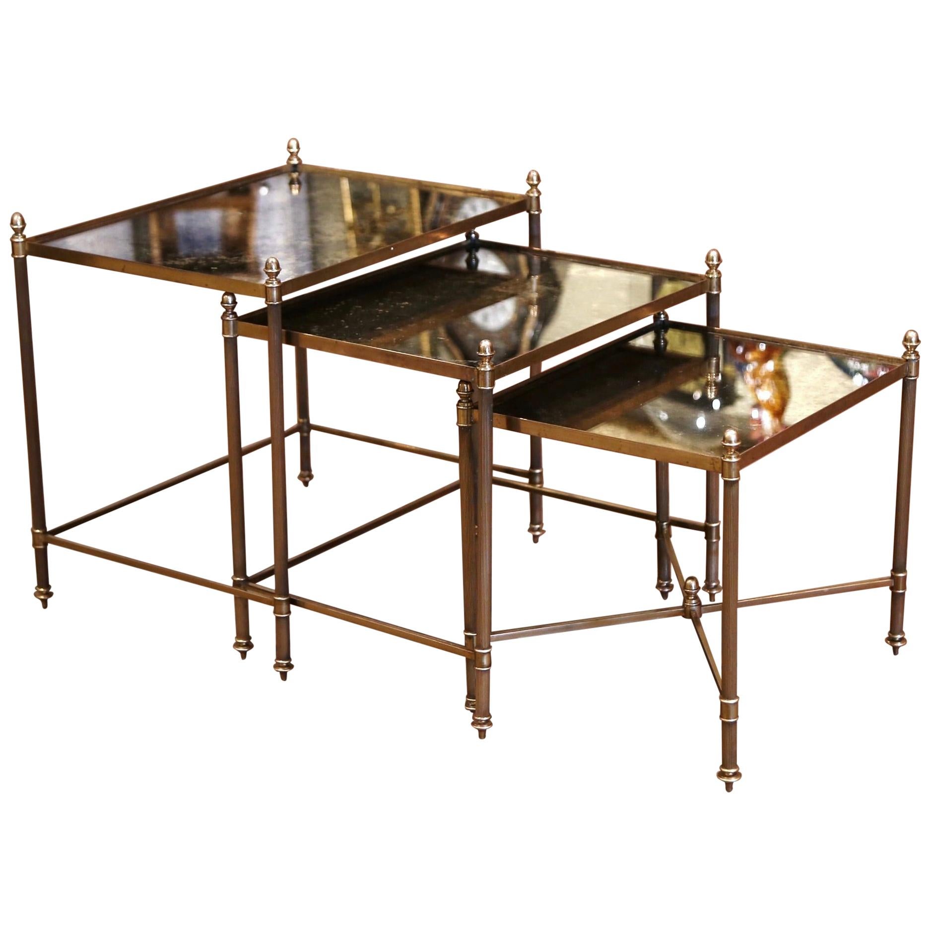 Midcentury French Brass and Églomisé Glass Nesting Tables from Maison Baguès