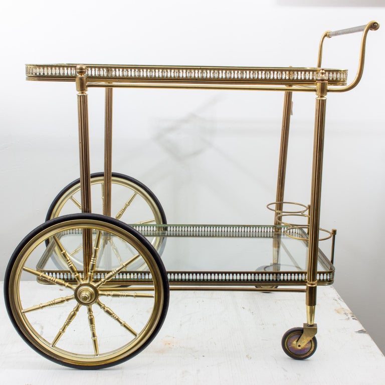 Midcentury French Brass and Glass Trolley Style Bar Cart with Large