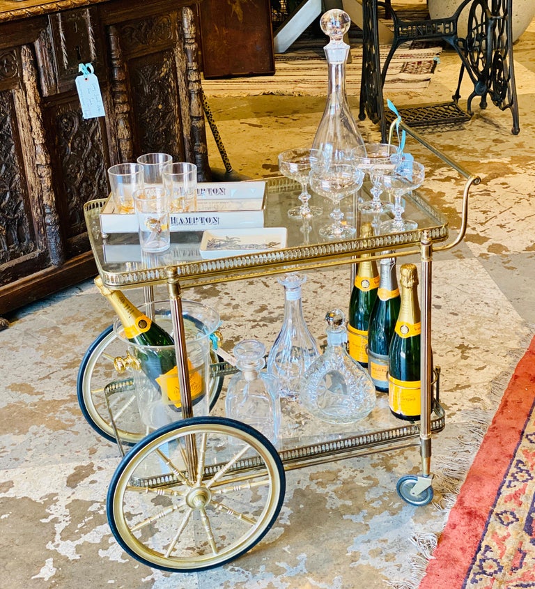 Midcentury French Brass and Glass Trolley Style Bar Cart with Large