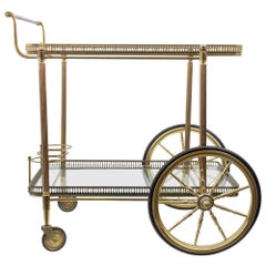 Midcentury French Brass and Glass Trolley Style Bar Cart with Large Wheels