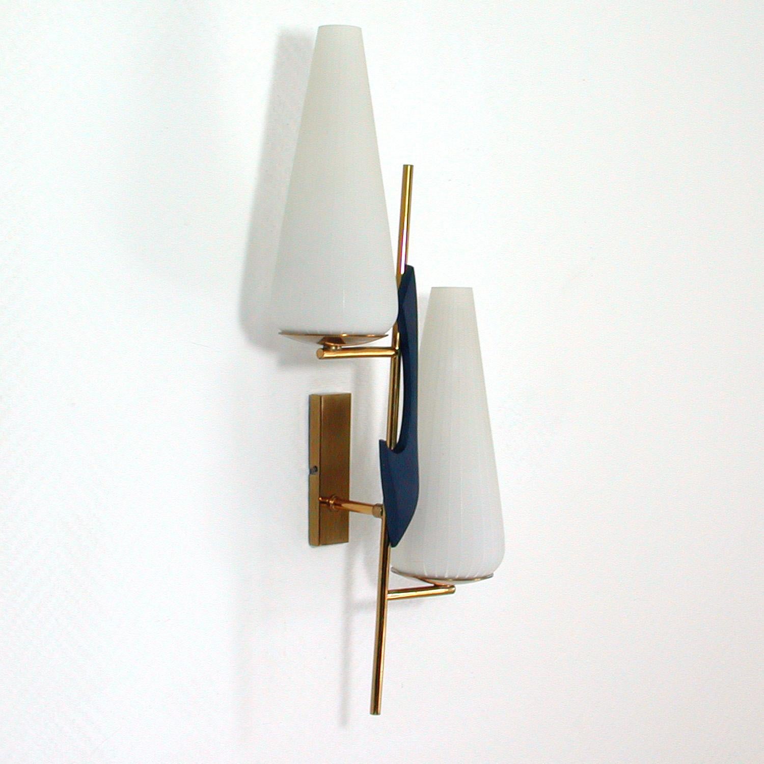 Mid-Century Modern Midcentury French Brass and Opaline Glass Sconce by Maison Arlus, 1950s