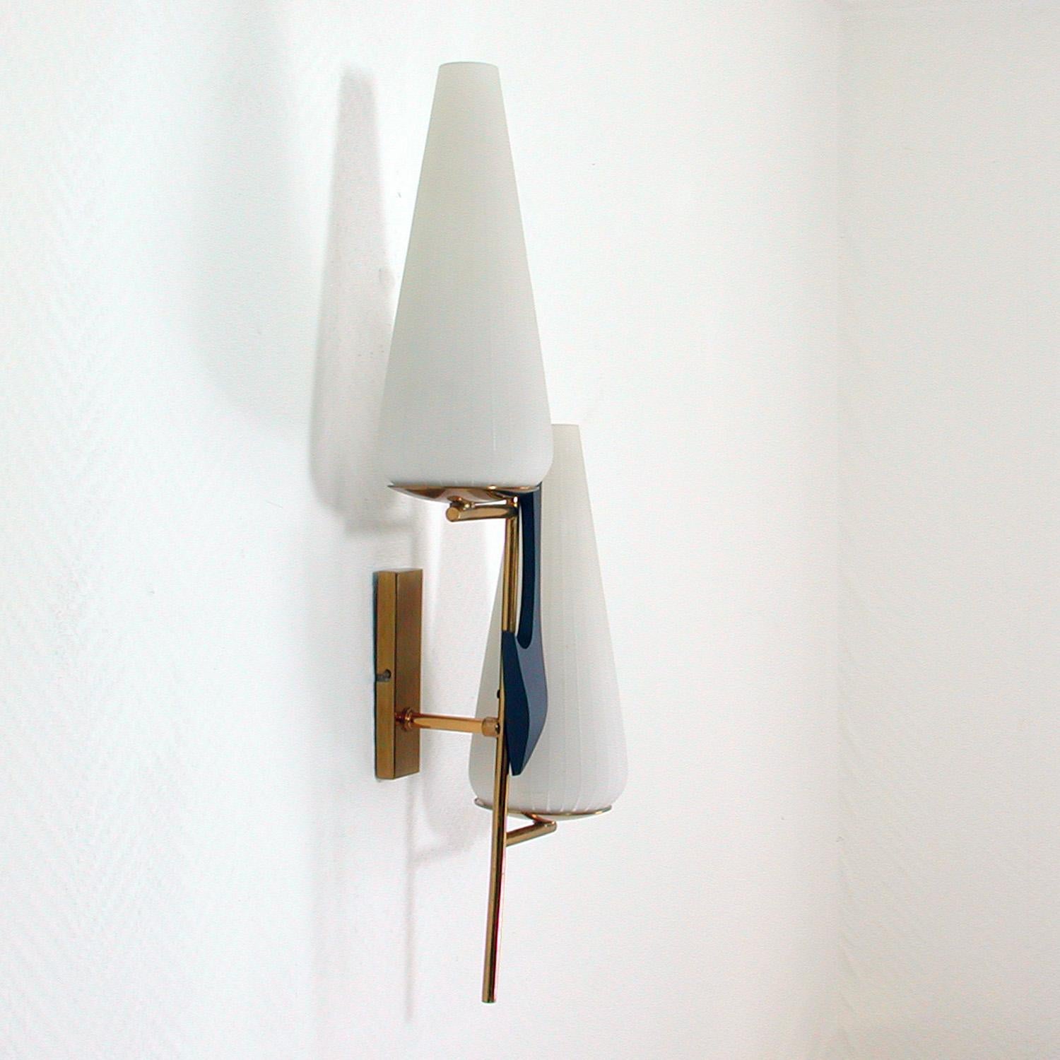 Lacquered Midcentury French Brass and Opaline Glass Sconce by Maison Arlus, 1950s