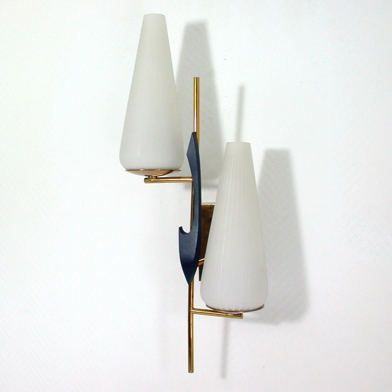 Midcentury French Brass and Opaline Glass Sconce by Maison Arlus, 1950s 1