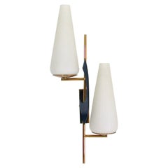 Midcentury French Brass and Opaline Glass Sconce by Maison Arlus, 1950s