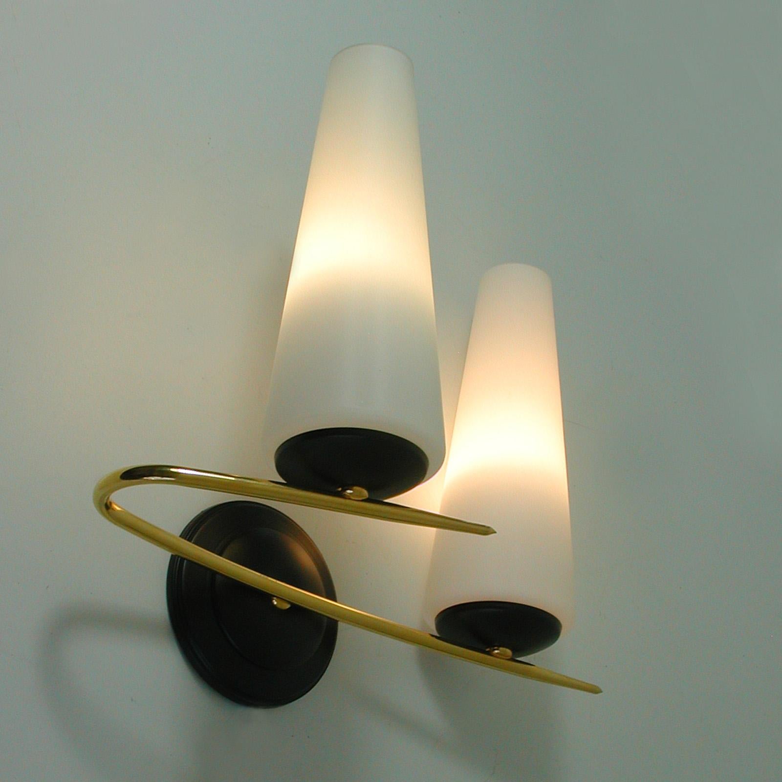 Midcentury French Brass and Opaline Glass Sconces by Maison Arlus, 1950s 6